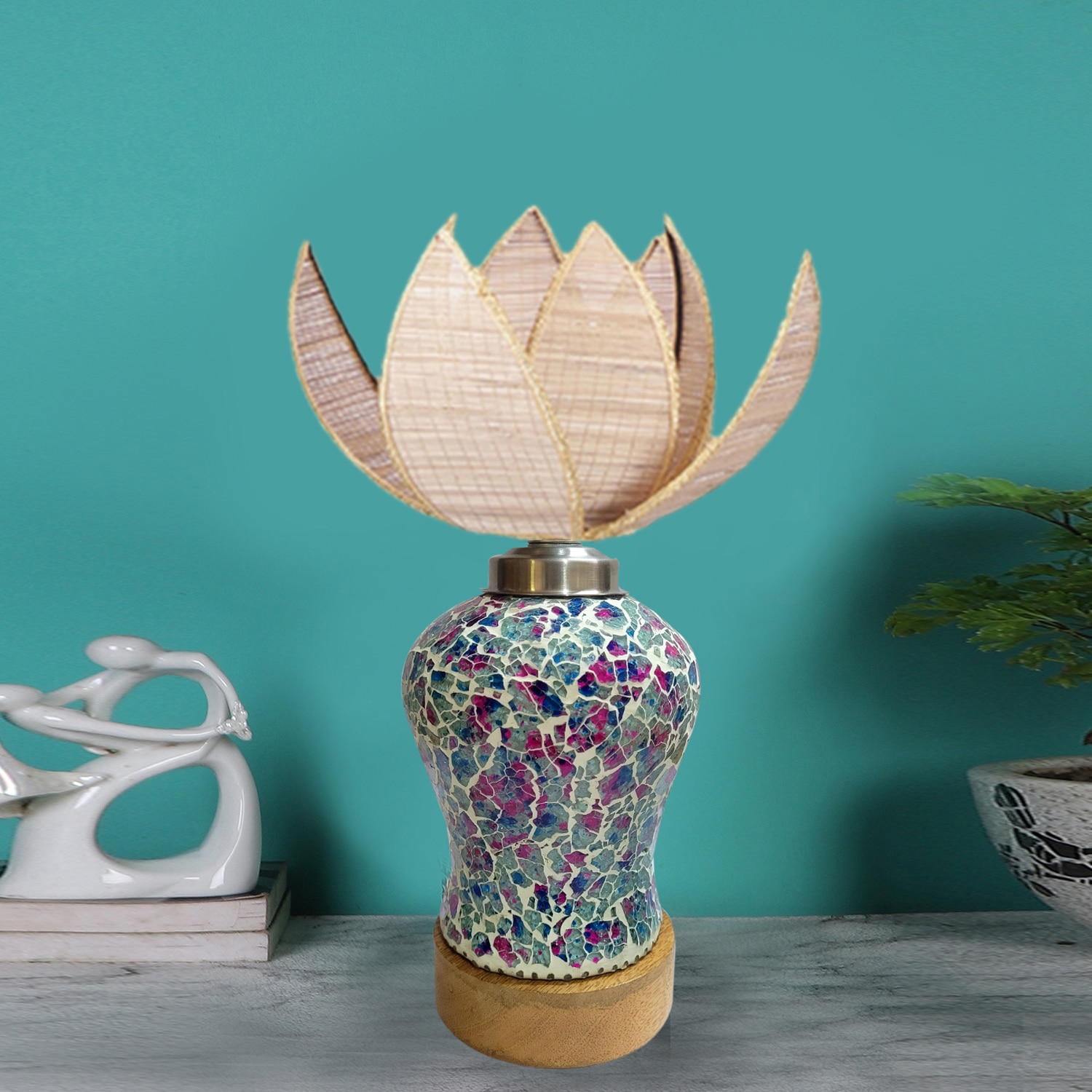 Devansh Rose Bamboo Shade Lamp With Wood & Mosaic Glass Base For Decoration /Office/Home/Gifting/Study For Office/Home/Gifting -(12X12X17.75) Inches -