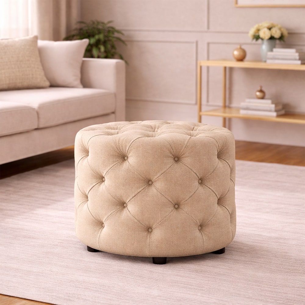 Doe Buck Briana Velvet Tufted Ottoman Cube in Beige Colour - Doe Buck
