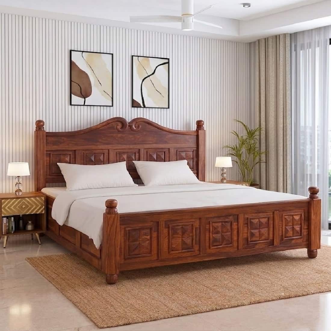 royal Solid Sheesham Wood King Size Box Storage Bed In Honey Oak Finish - Demiwall