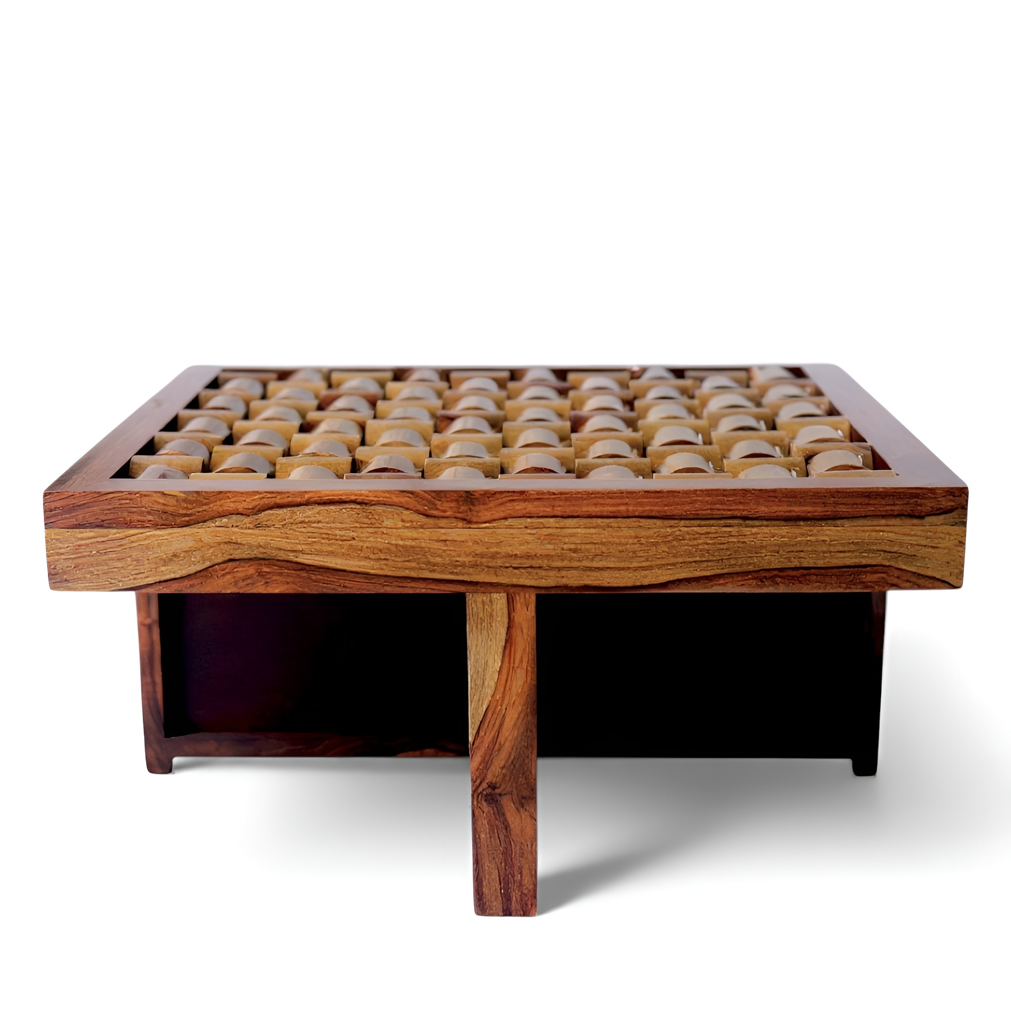 Nirva Sheesham Wood Accent Coffee Table Set With 4 Stools In Teak Finish With Beige Mossy Fabric Cushions