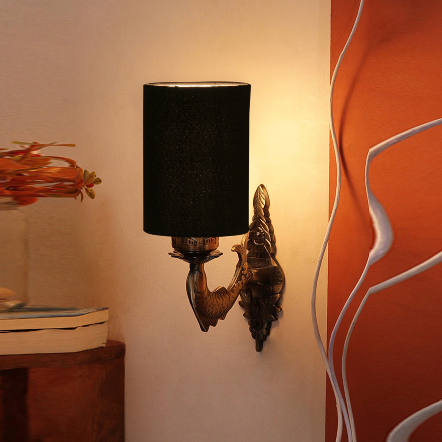 Devansh Metal Electric Wall Light in Antique Gold Colour with Black Shade Count of 1 Light - Devansh