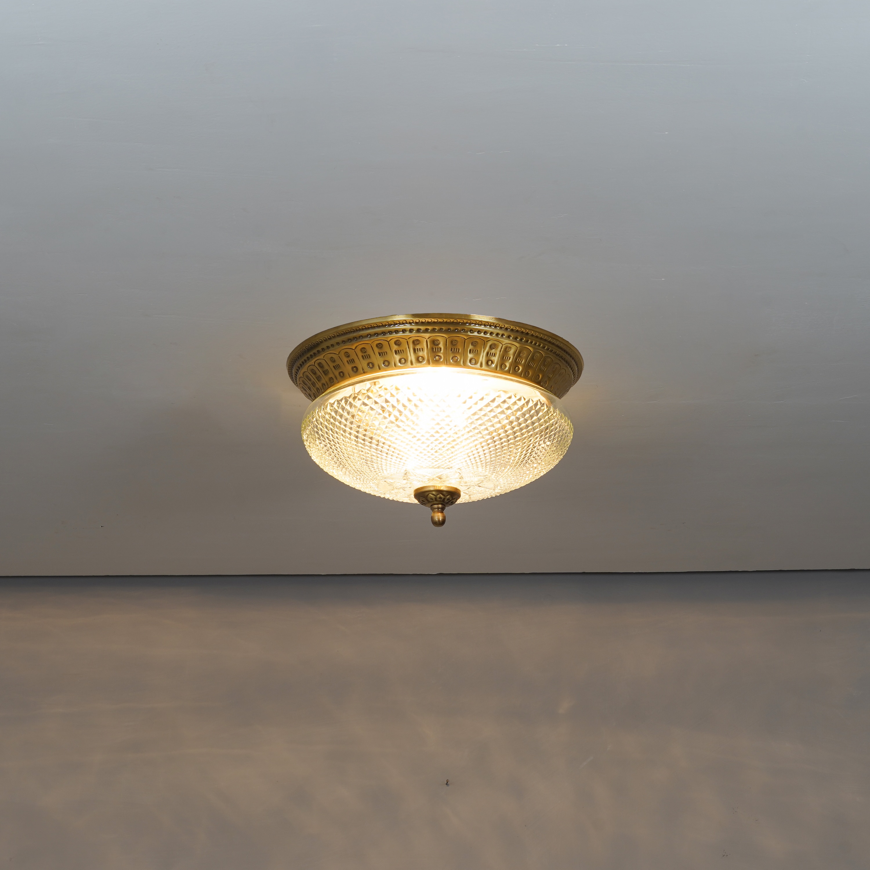 Telmor 2-Light Flush Mount Ceiling Light In Antique Brass Finish With Clear Star Diamond Cut Glass