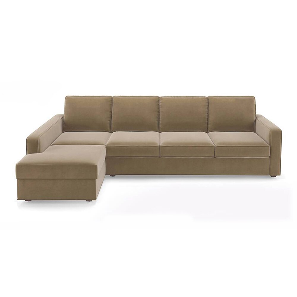 Apollo Compact Sofa (Colour : Fawn Velvet, Cushion : Hard, Back Type : Regular, Seating Capacity : Left Aligned 3 Seater + Left Aligned Chaise + Ottoman) - Urban Ladder