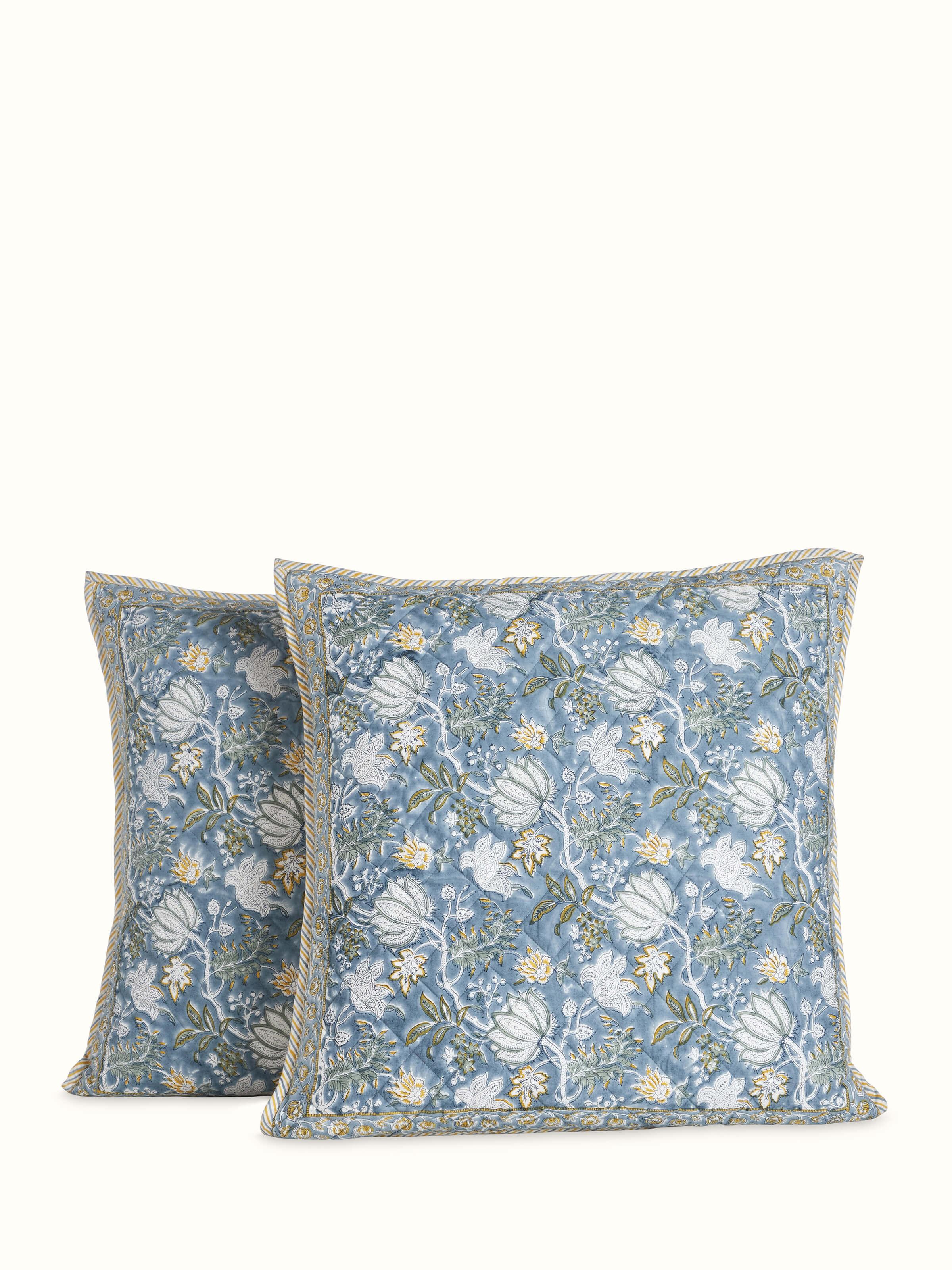 Kairavam Blue Floral Sanganeri Hand Block Print Cotton Euro Shams (2 Pcs)