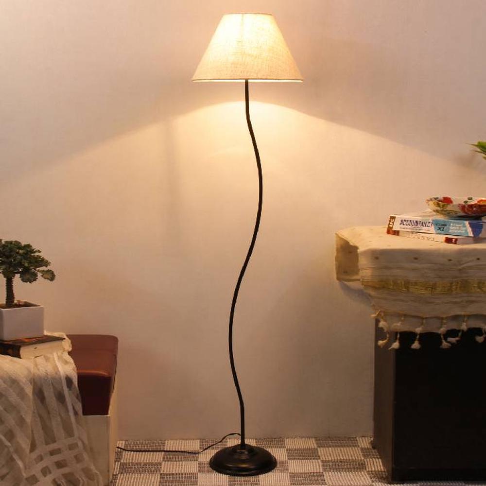 Ivy White Natural Fiber Floor Lamp with Black Iron Base - Devansh