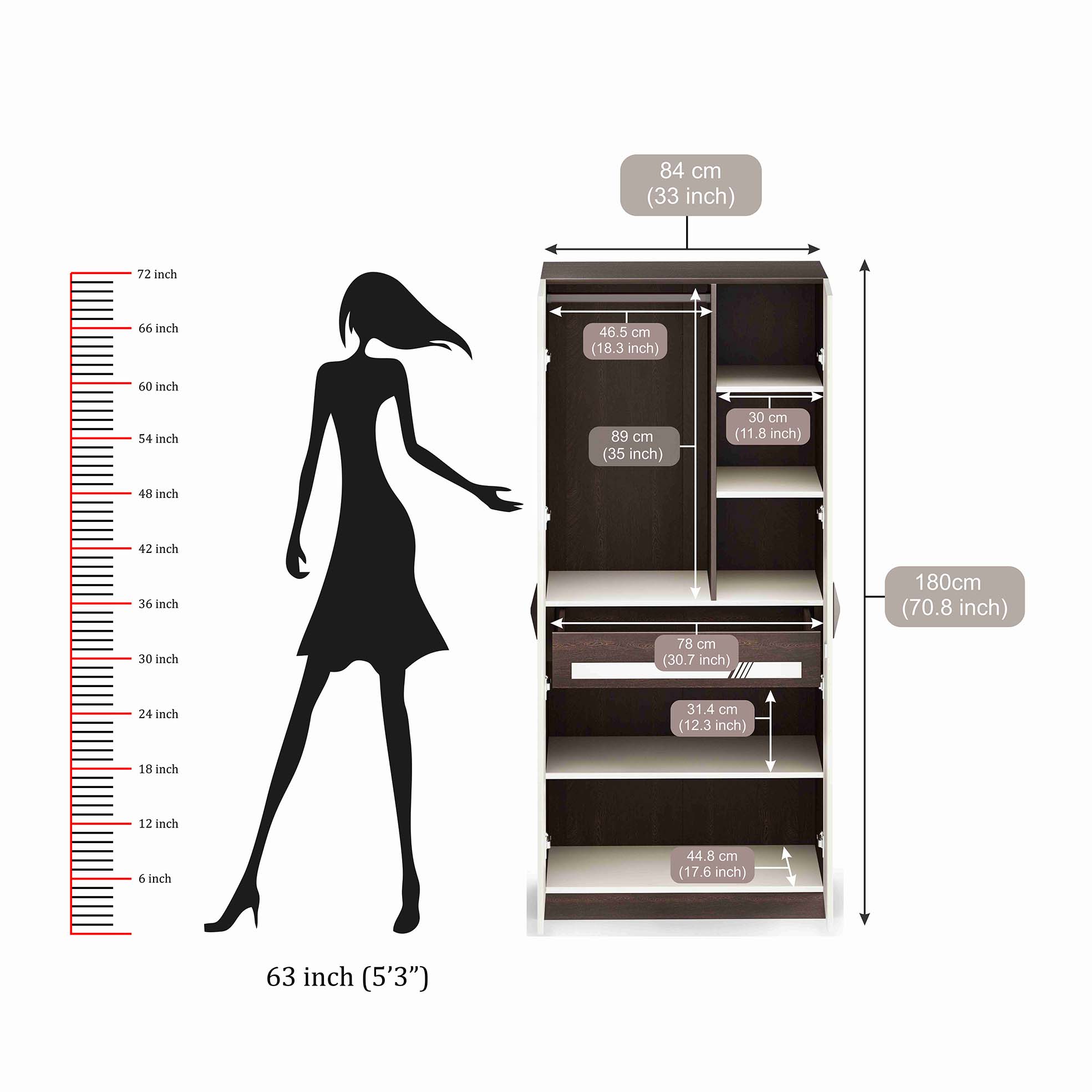 BLUEWUD Andrie Engineered Wood 2 Door Wardrobe/Clothes Storage Rack Organizer Almirah Cupboard, 6 Shelves & 1 Drawer with Lock for Bedroom Home Furniture (with Mirror, Wenge & White)