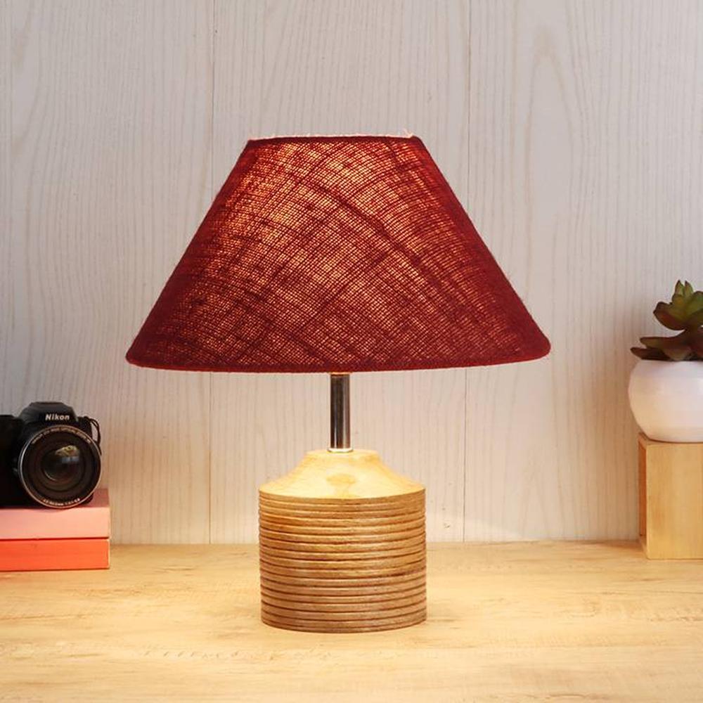 Joyce Maroon Natural Fiber Shade Table Lamp with Natural Wooden Base