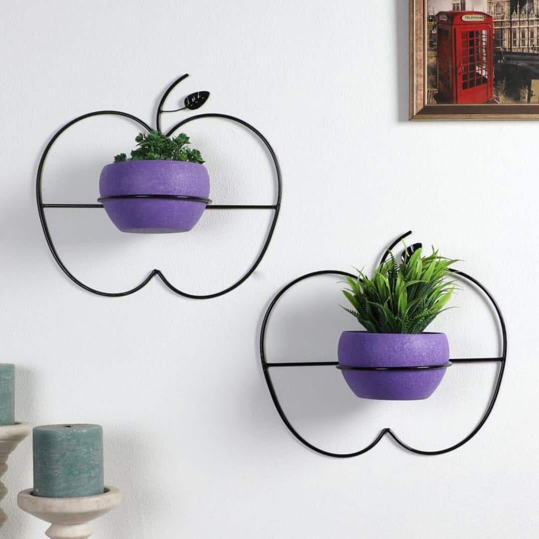 Wall Hanging Apple Planter Set Of 2 In Purple Colour