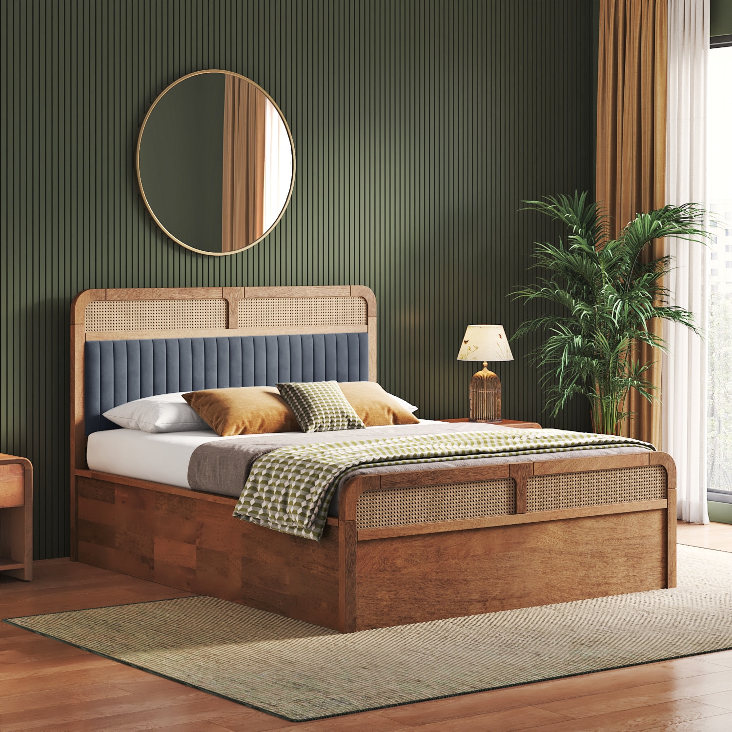 Hanoi Solid Wood Cane King Size Hydraulic storage Bed In Amber Walnut Finish Fabric Davis Plus