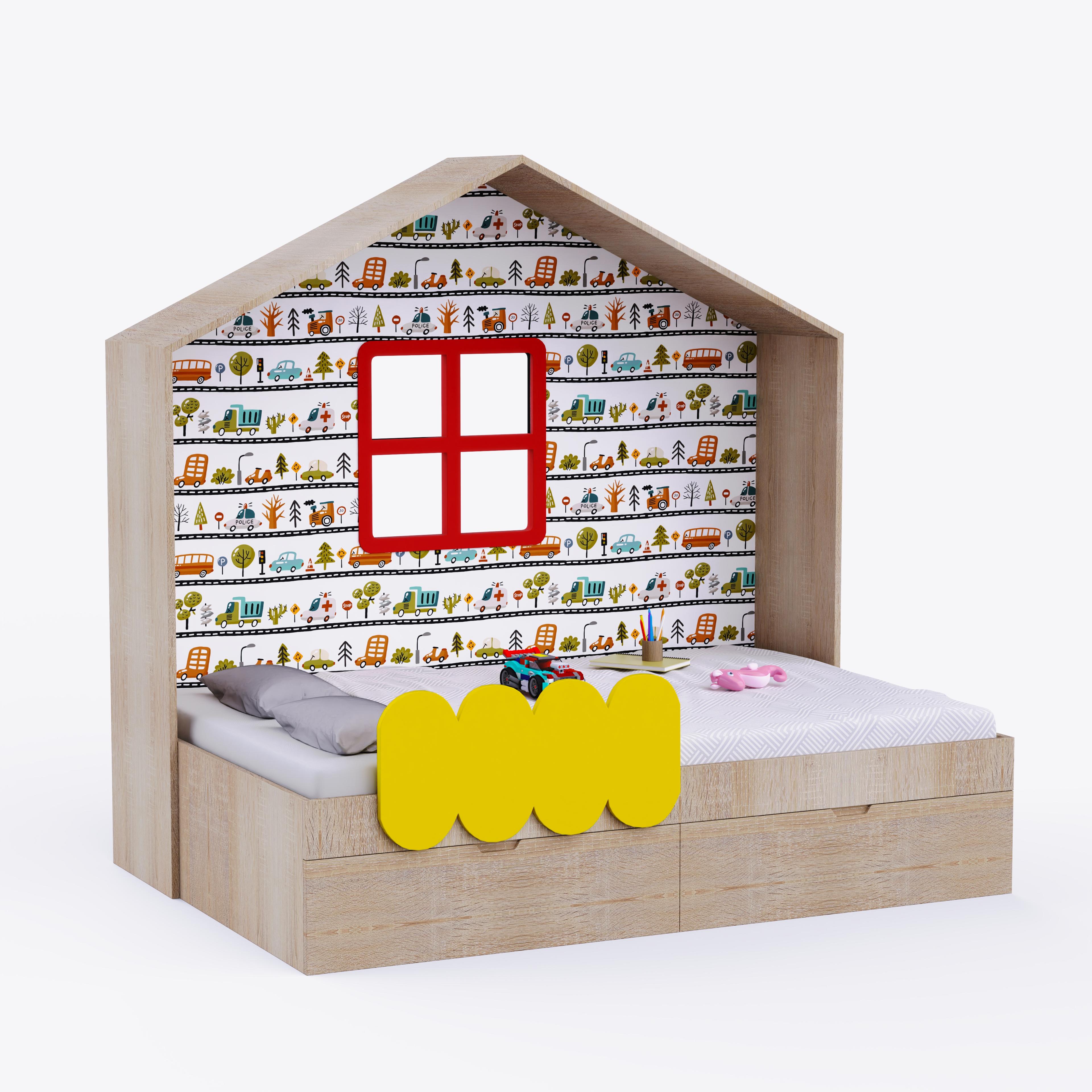 Little Hut Bed  6X3 ( Drawers On Wheels) In Oak & Yellow Colour