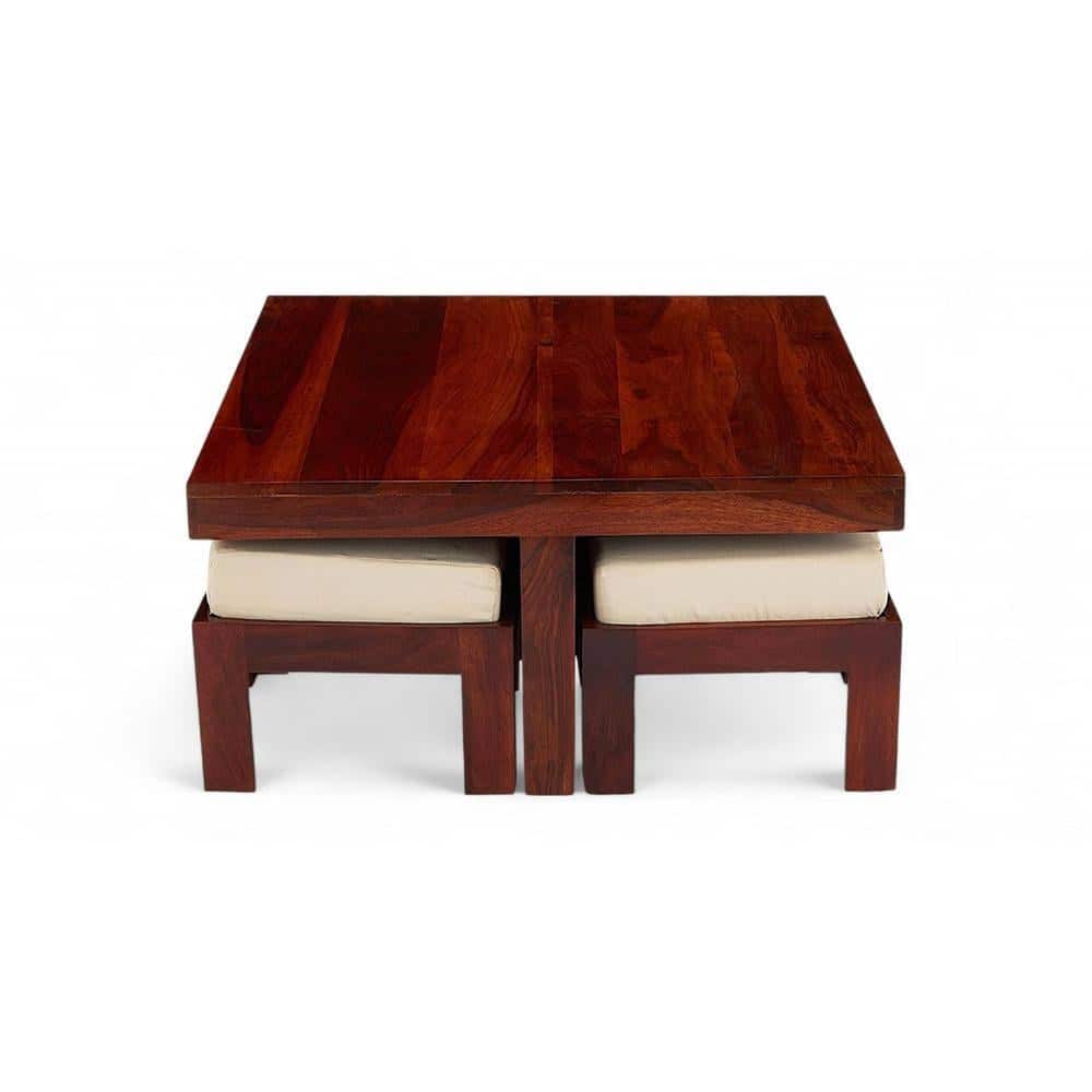 Blane Sheesham Wood Accent Coffee Table Set With 4 Stools In Honey Finish
