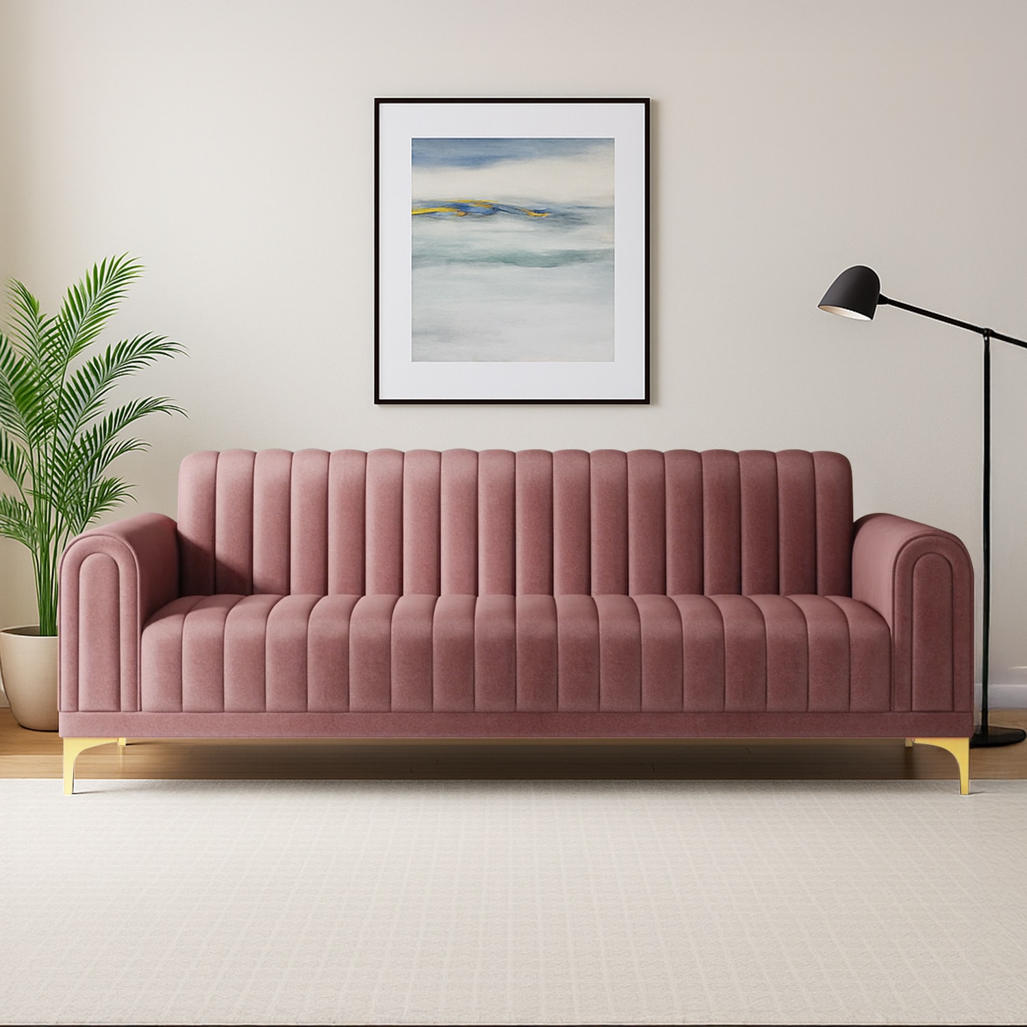 Josbert Velvet 3 Seater Sofa In Peech Colour - Home Lifestylez