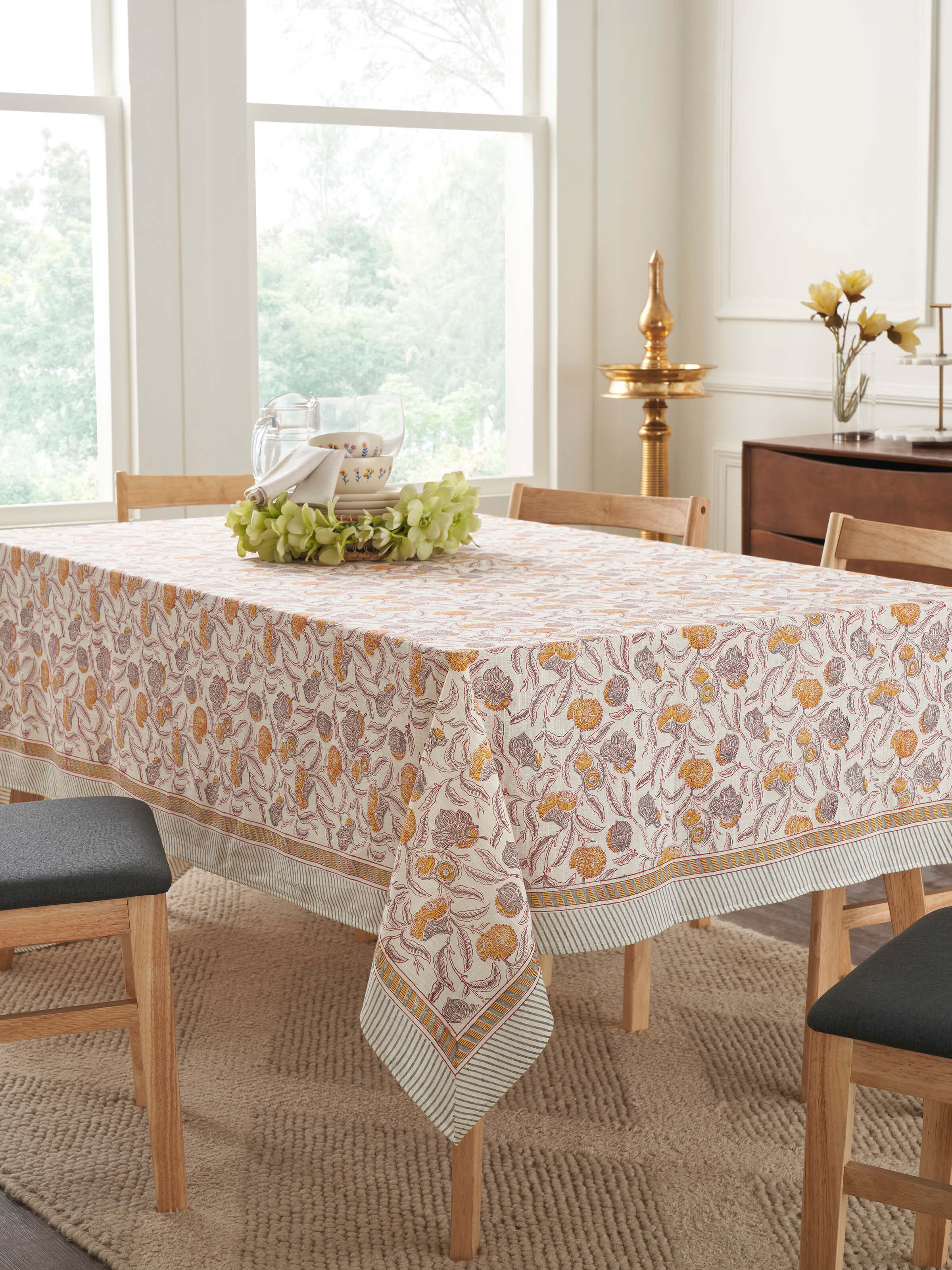 Samaha Grey Floral Cotton Sanganeri Hand Block Printed Table Cover 6 Seater