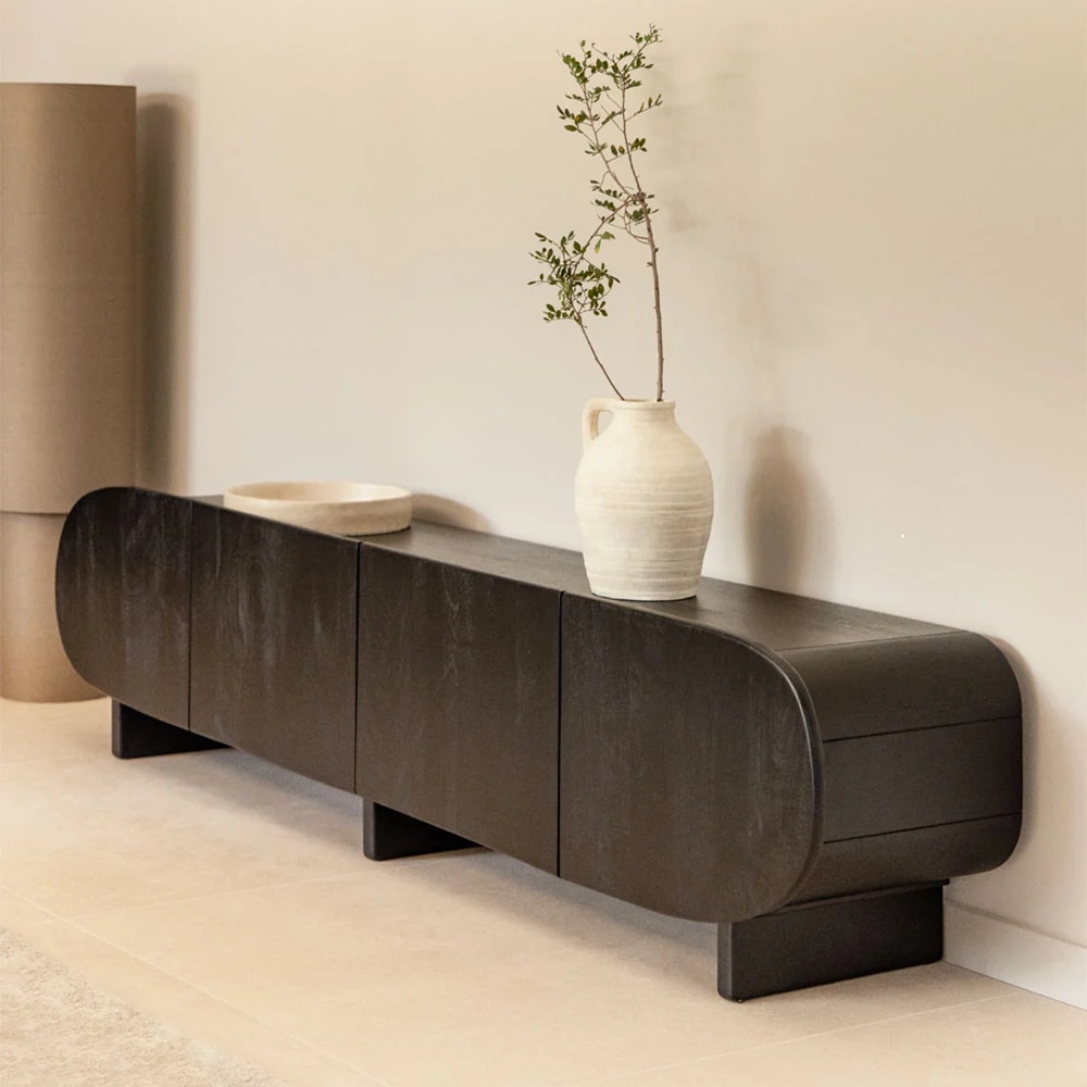 Soncy Solid Wood TV Unit with 4 Door In Black Finish - Woodenmood