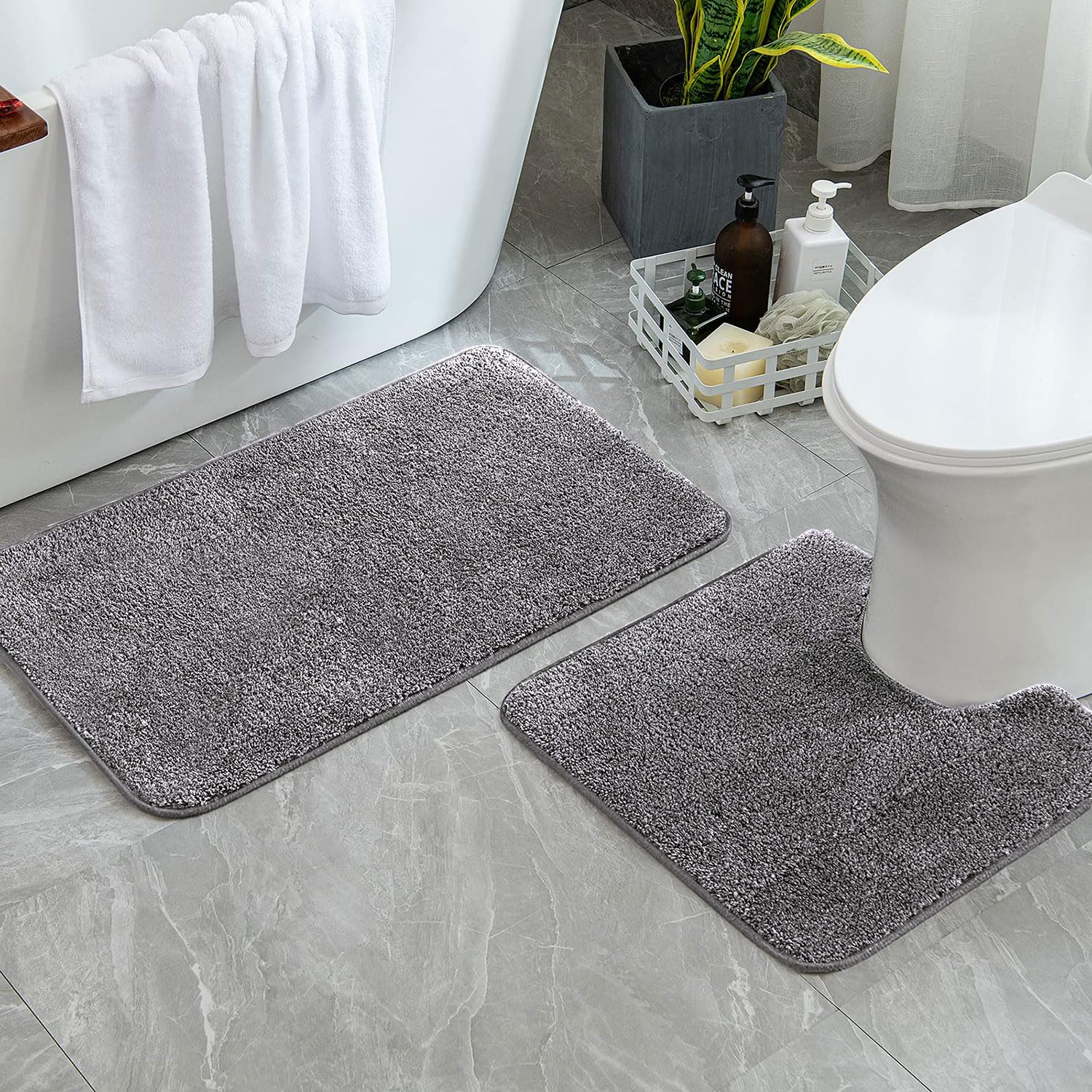 Luxe Home Polyester Newman Contour Bath Mat Set of 2 (Silver 45x75 cm & 40x45)