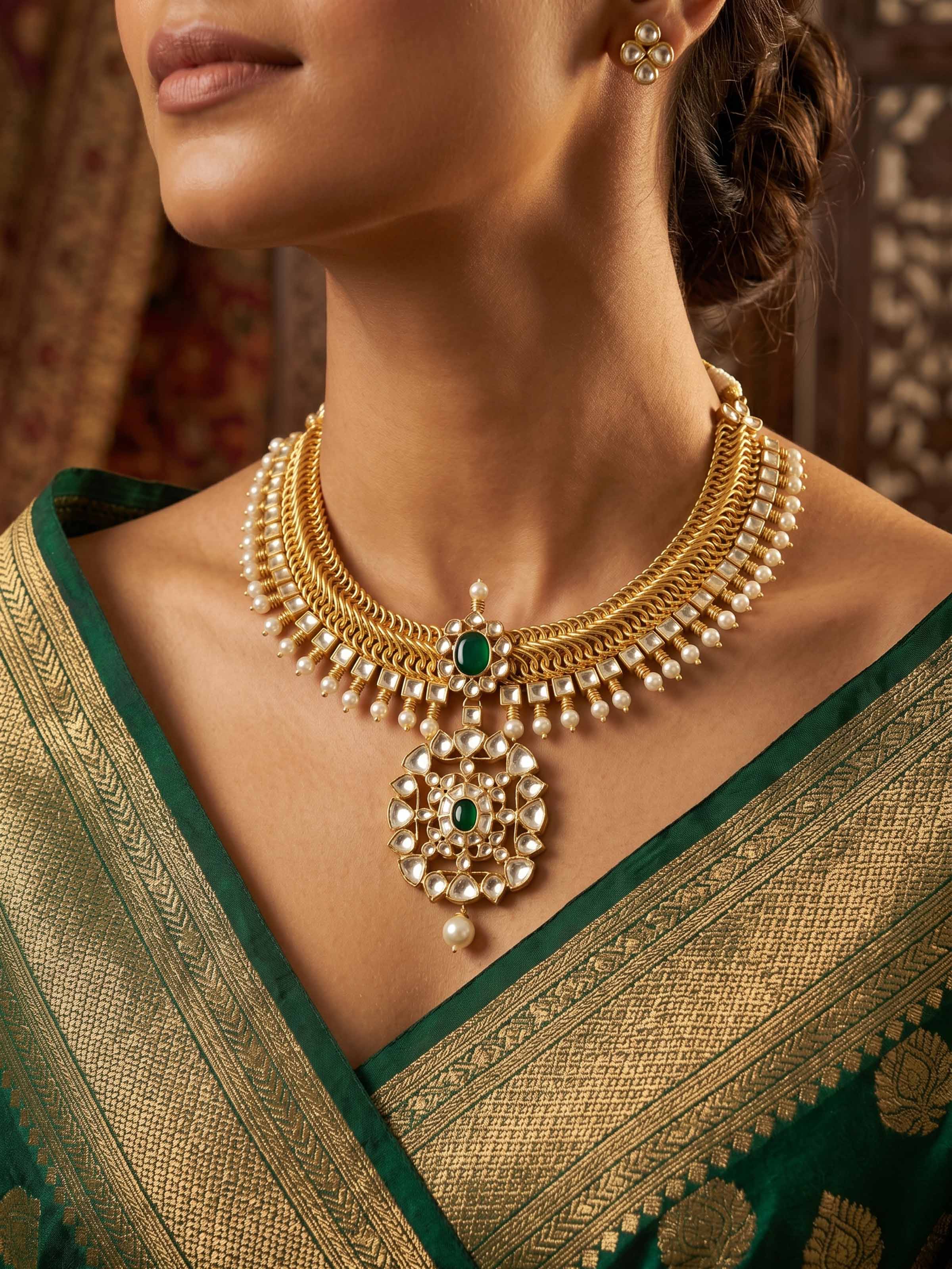 Lifestyle view of the Silver Smithing Gold Plated Jadau Necklace