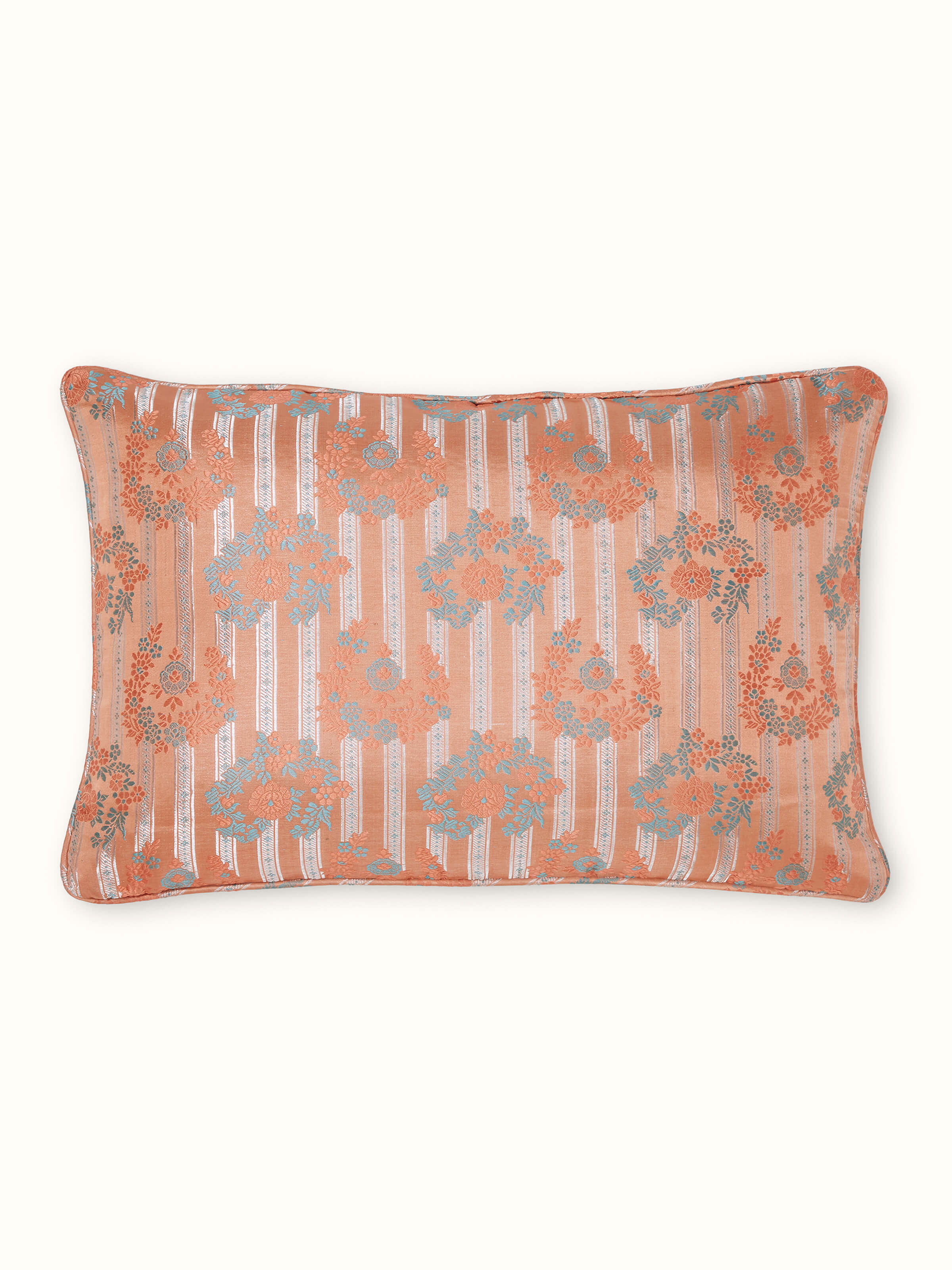 Matsya Peach All-over Silk Banarasi Brocade Handloom Lumbar Cushion Cover