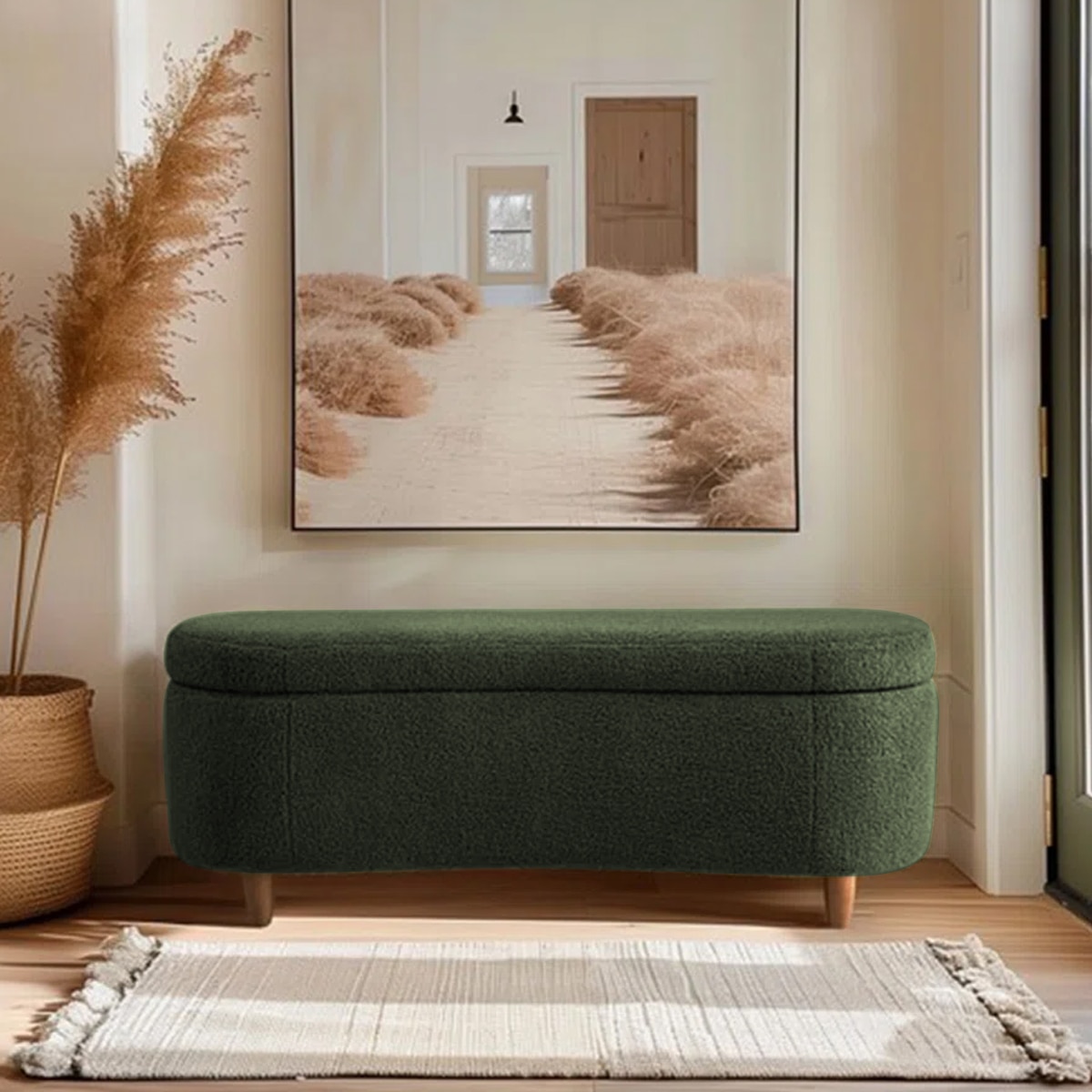 Leroj Boucle 2 Seater Ottoman Bench with Storage  in Olive Green  Color - Home Lifestylez
