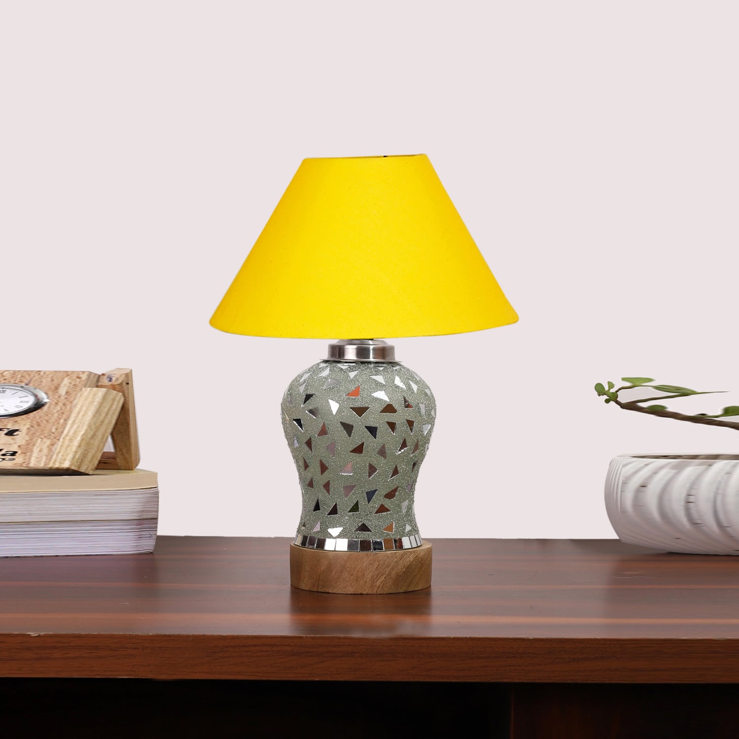 Devansh Conical Yellow Cotton Shade Lamp With Wood & Mosaic Glass Base For Decoration/Office/Home/Gifting/Study For Decoration/Office/Home/Gifting/Study -(10X10X14.5) Inches -A - Devansh