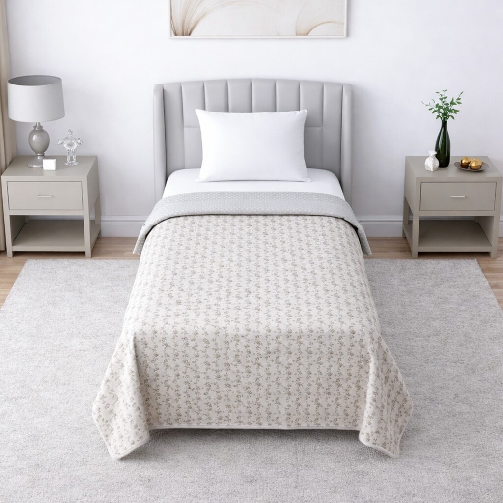 Nina Cream Floral Cotton Dohar Set Of 2 Reversible Single Bed 300 Tc Size 240 X 160 Cms - Threads