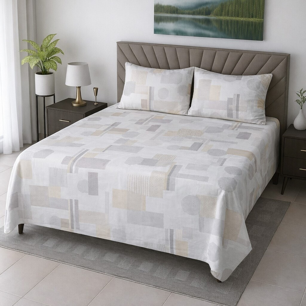Vega White Geometric 400 TC Cotton Flat Super King Size Bedsheet with 2 Pillow Covers – Threads