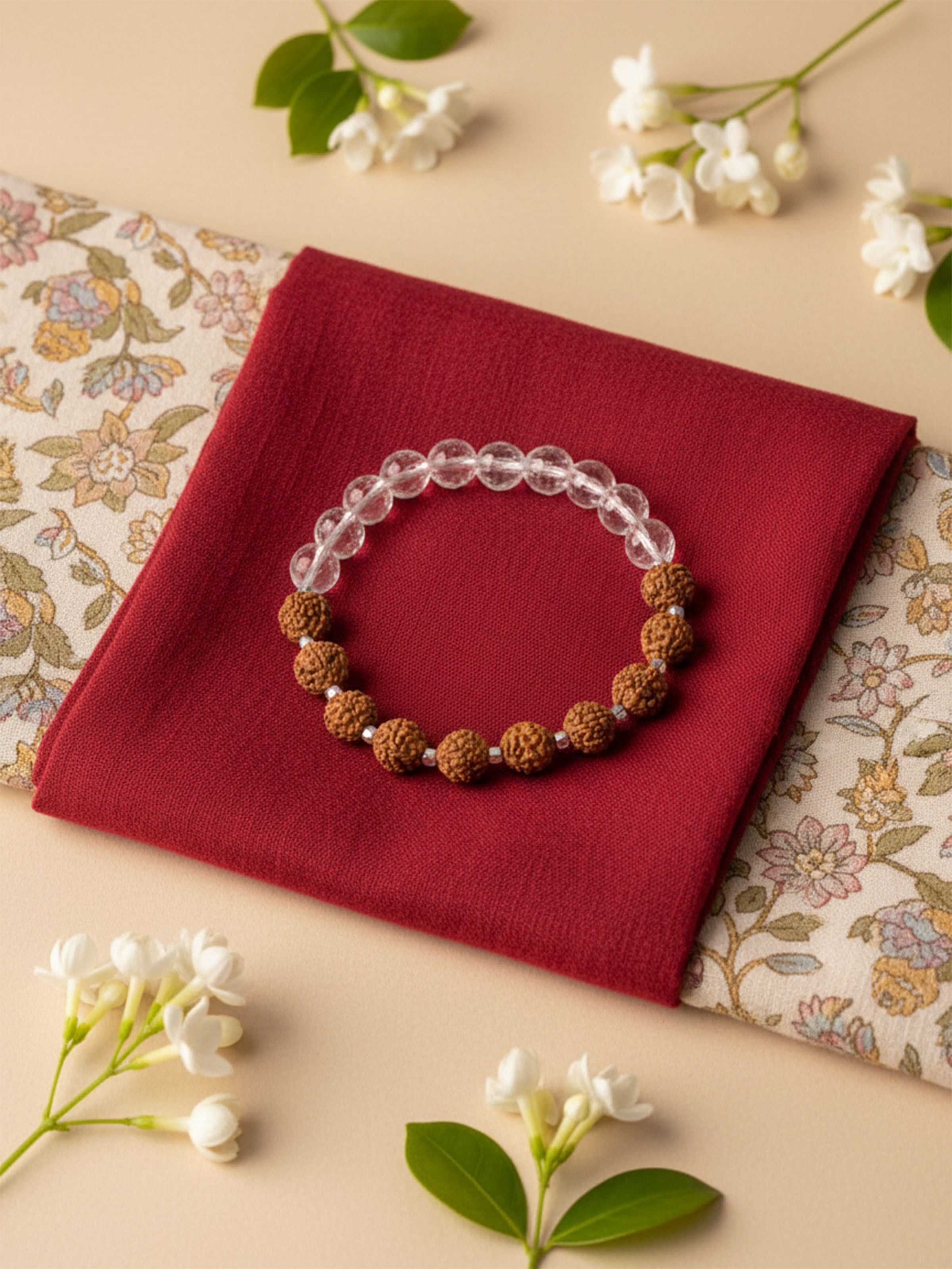 Gemstone Rudraksha & Sphatik Crystal Silver Bracelet