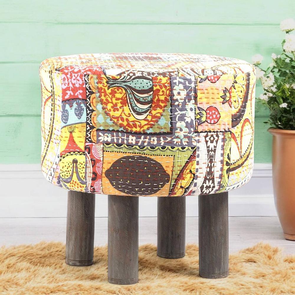 Morgan Solid Wood Pouf Stool in Multicolour Patch Kantha Fabric