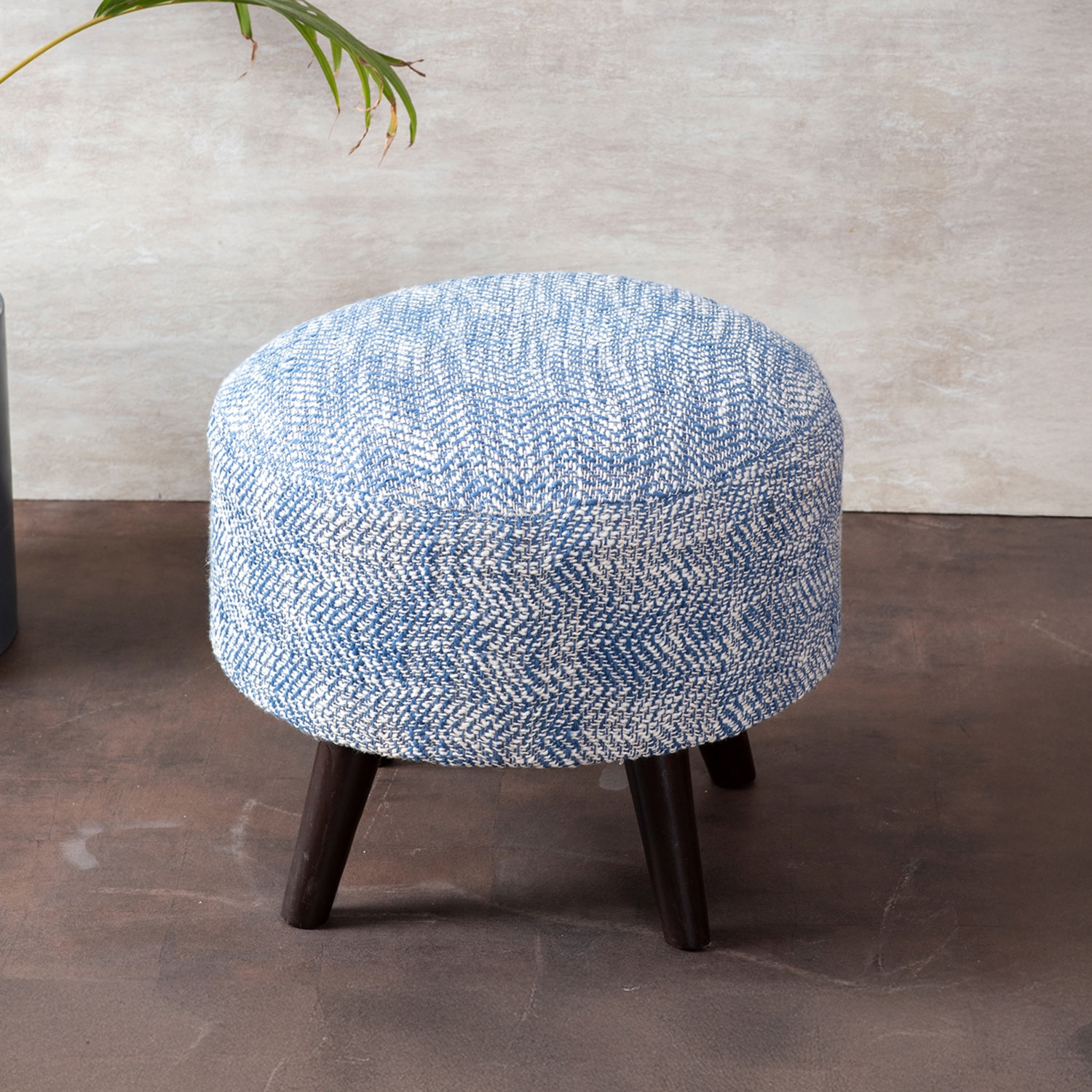 Slub Jacquard Wooden Ottoman in Blue Color - Nestroots