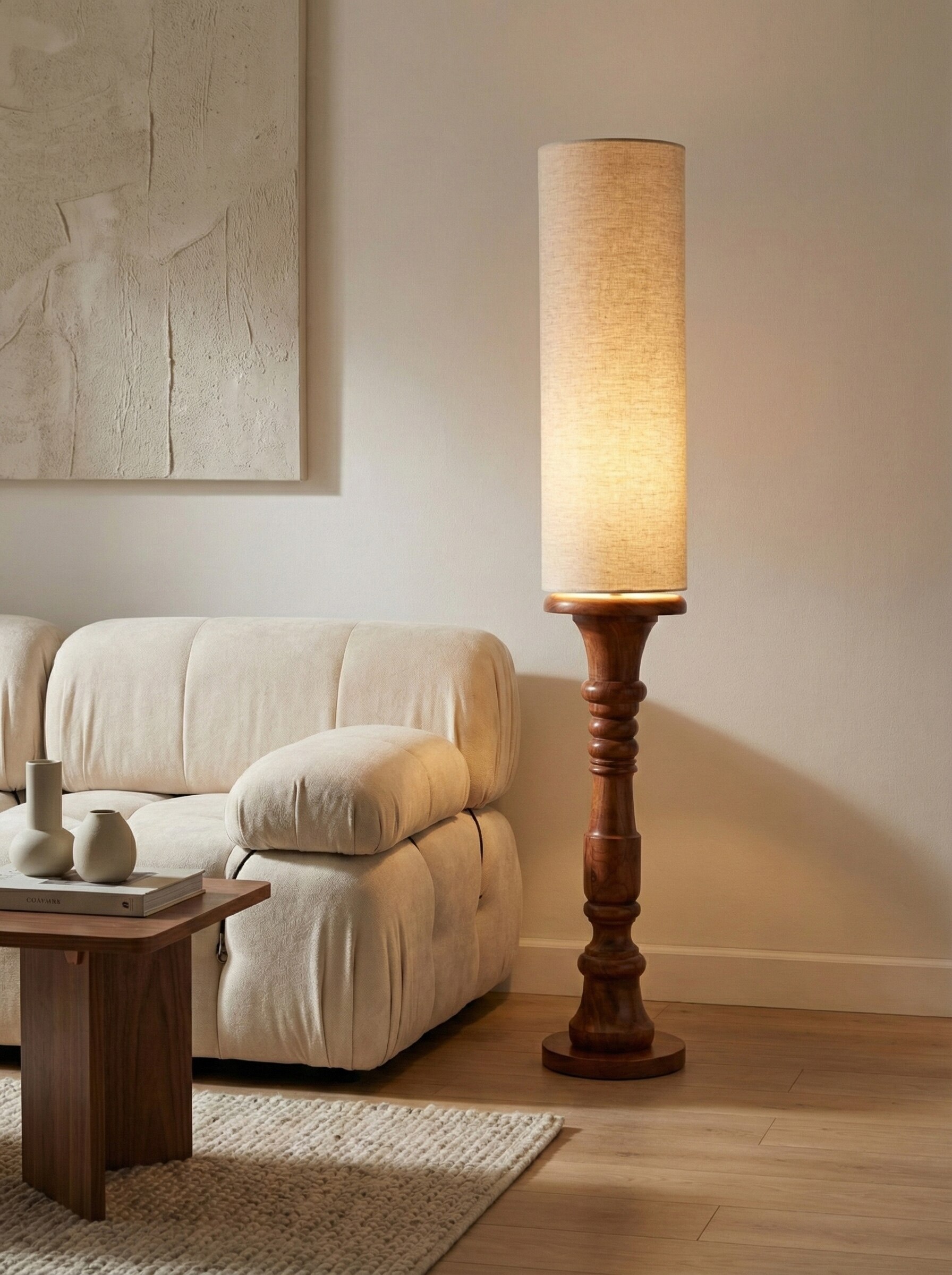 Lifestyle view of wood and cotton fabric console lamp for home decor