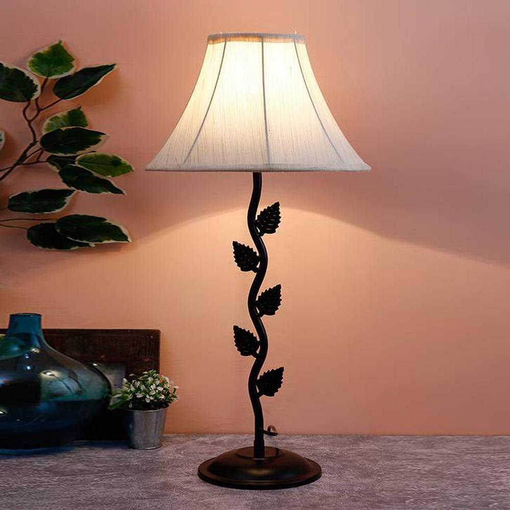 Abdullah Off White Fabric Shade Table Lamp with Black Iron Base