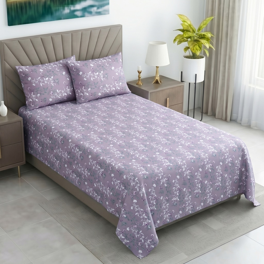 Lavender Floralcotton400 Tcflat Single Bed Size Bedsheet With 2 Pillow Covers