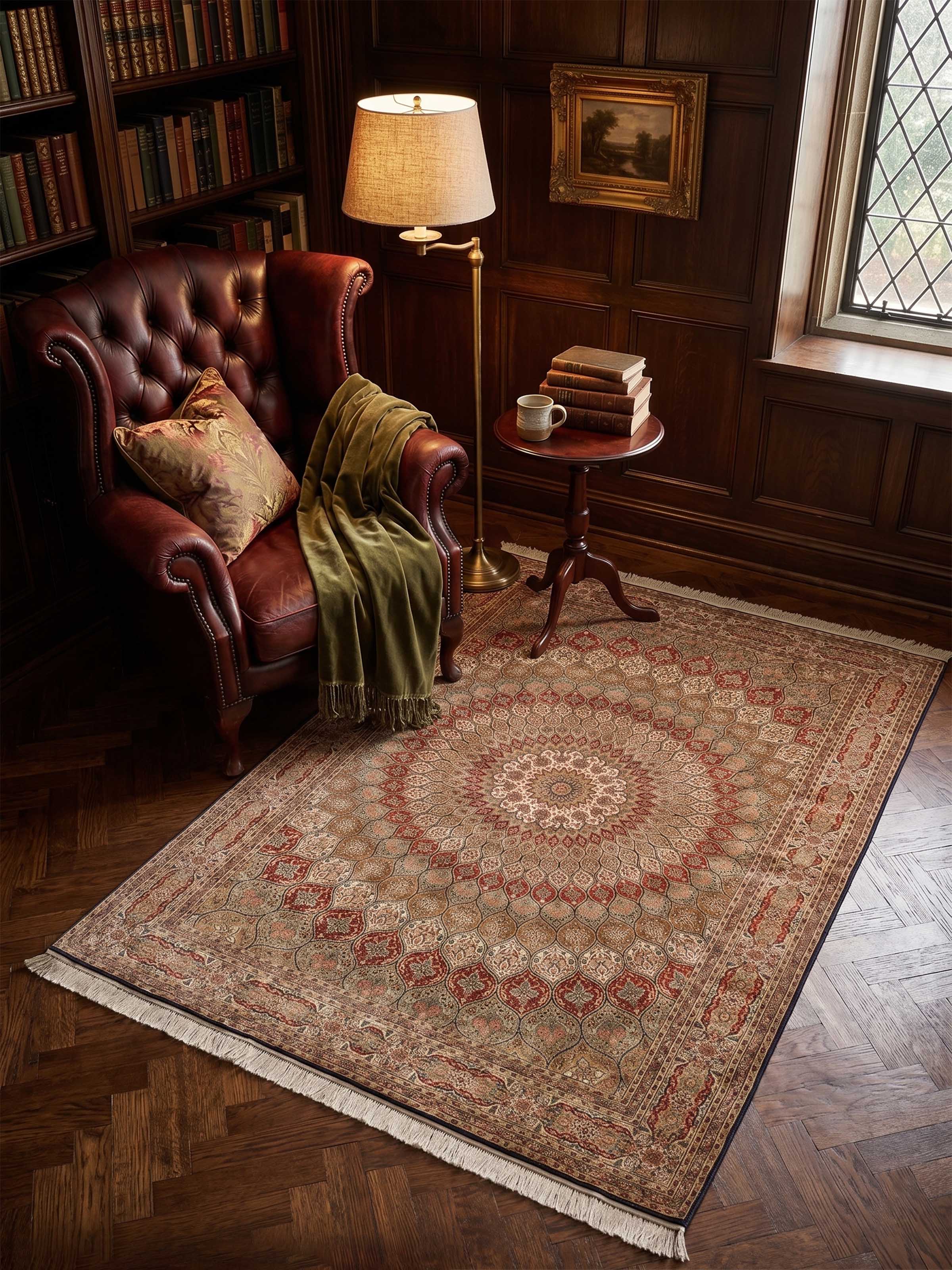 Traditional Persian Rust Gumbad Kashmir Silk Hand-Knotted Carpet