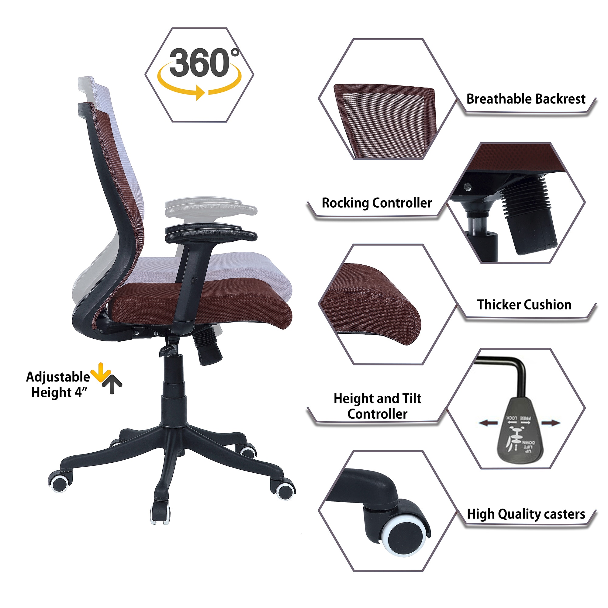 Ebeaony Mid Back Ergonomic Chair in Brown Colour