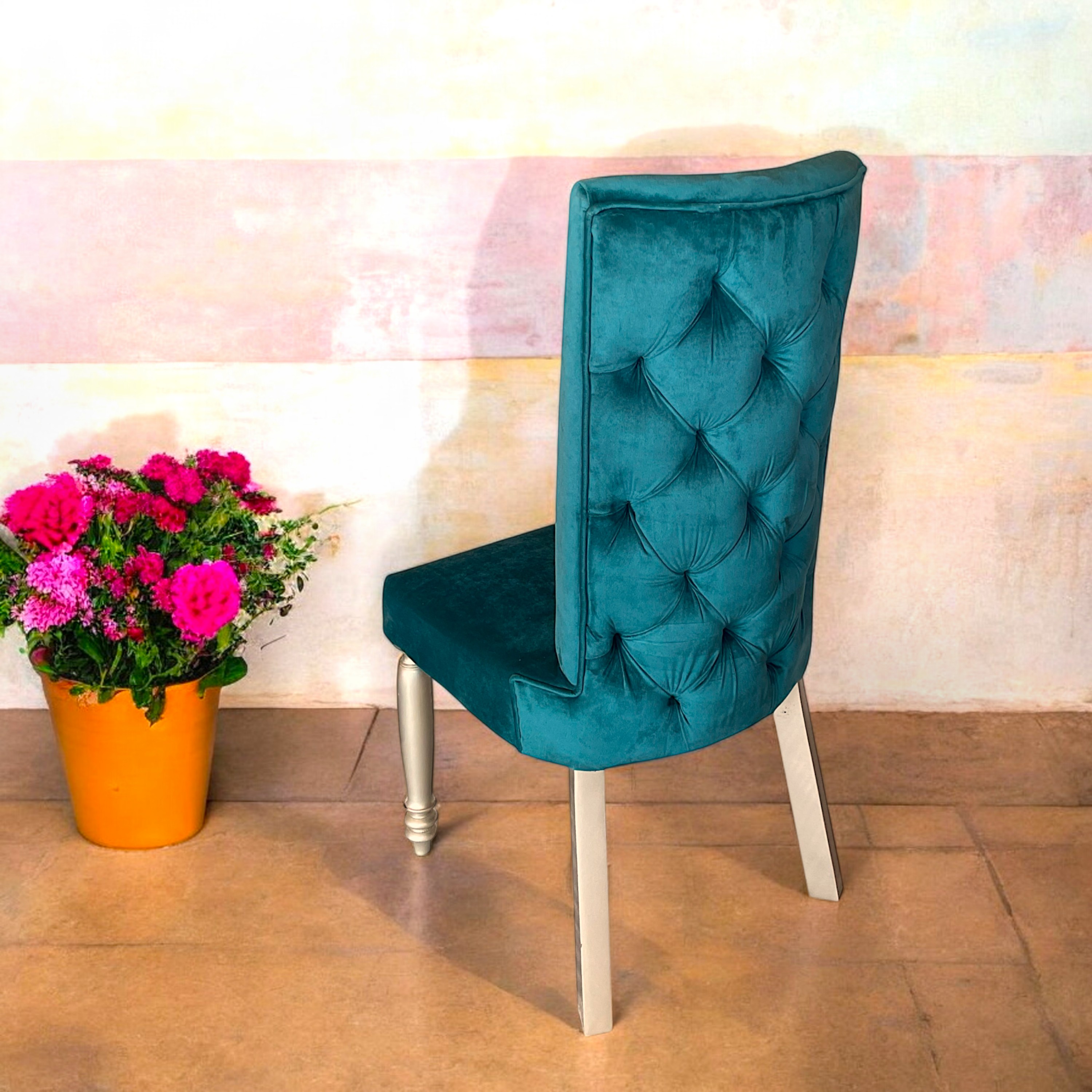 Oliver wood Dining Chair in Turquoise Sea Velvet Upholstery with SILVER FINISH