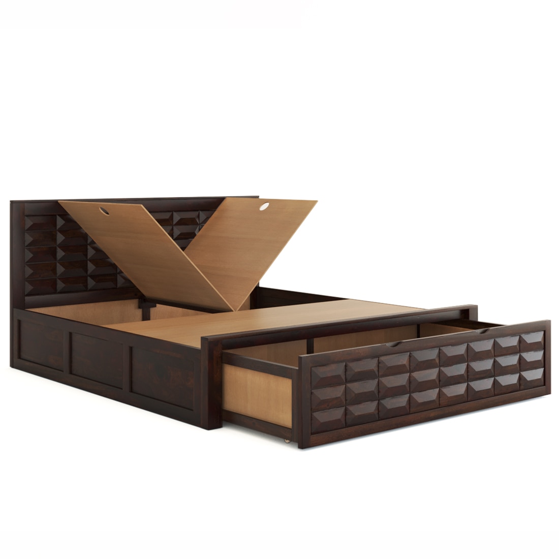 Diamond Box and Drawers Storage King Bed in Walnut Finish