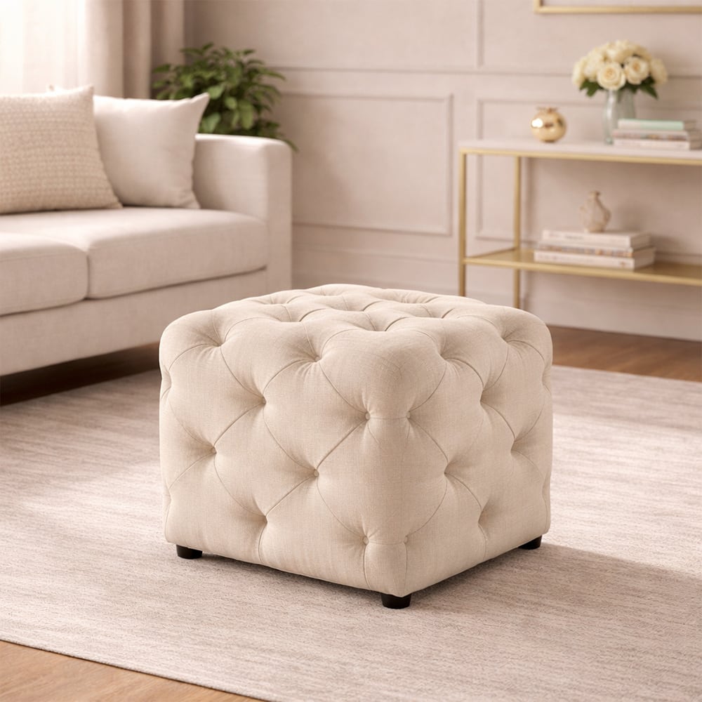 Doe Buck Colchester Velvet Tufted Ottoman Cube in Beige Colour with Wooden Base - Doe Buck