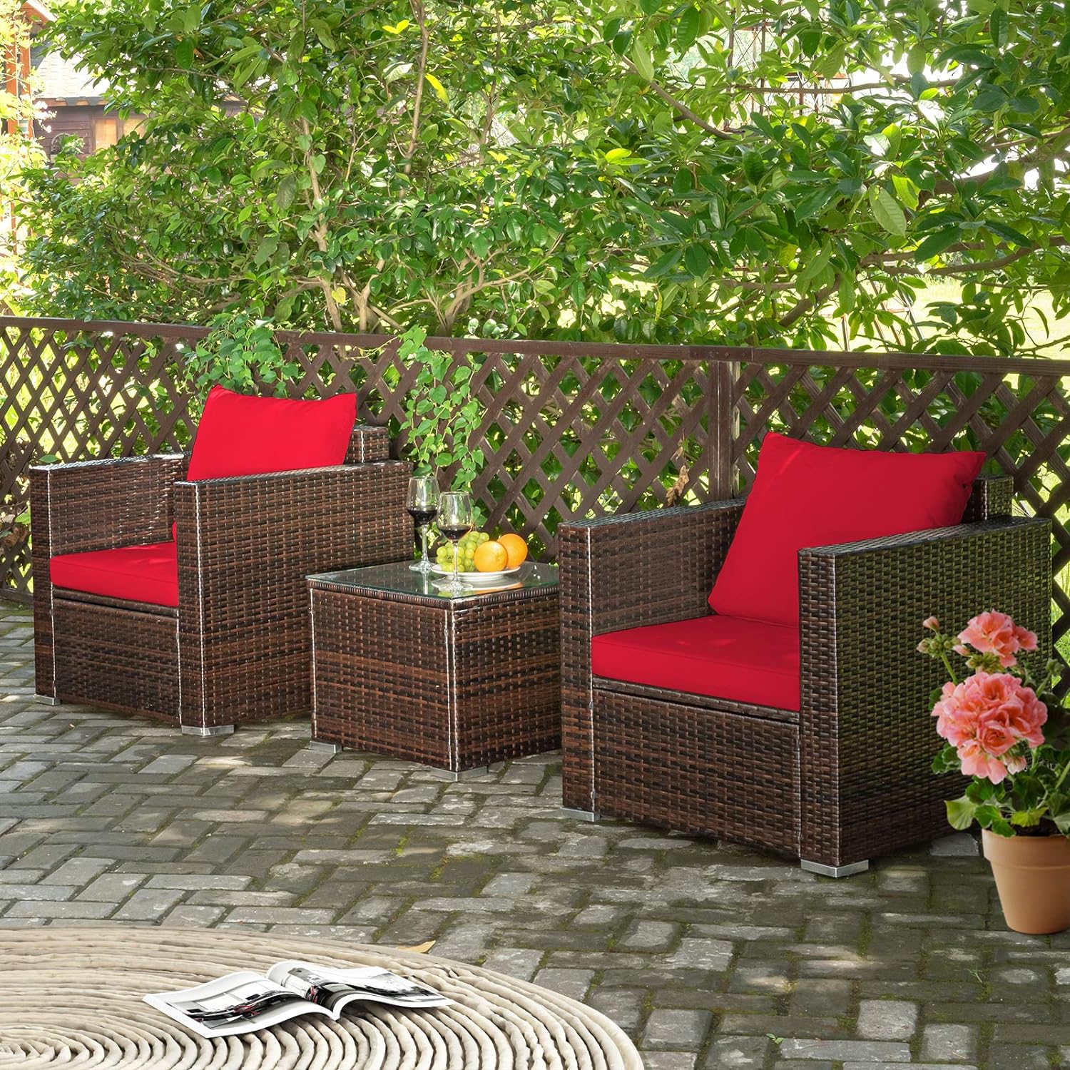 Carry Bird Wicker Patio Furniture Outdoor Balcony Chairs In Brown And Red Colour - Carrybird