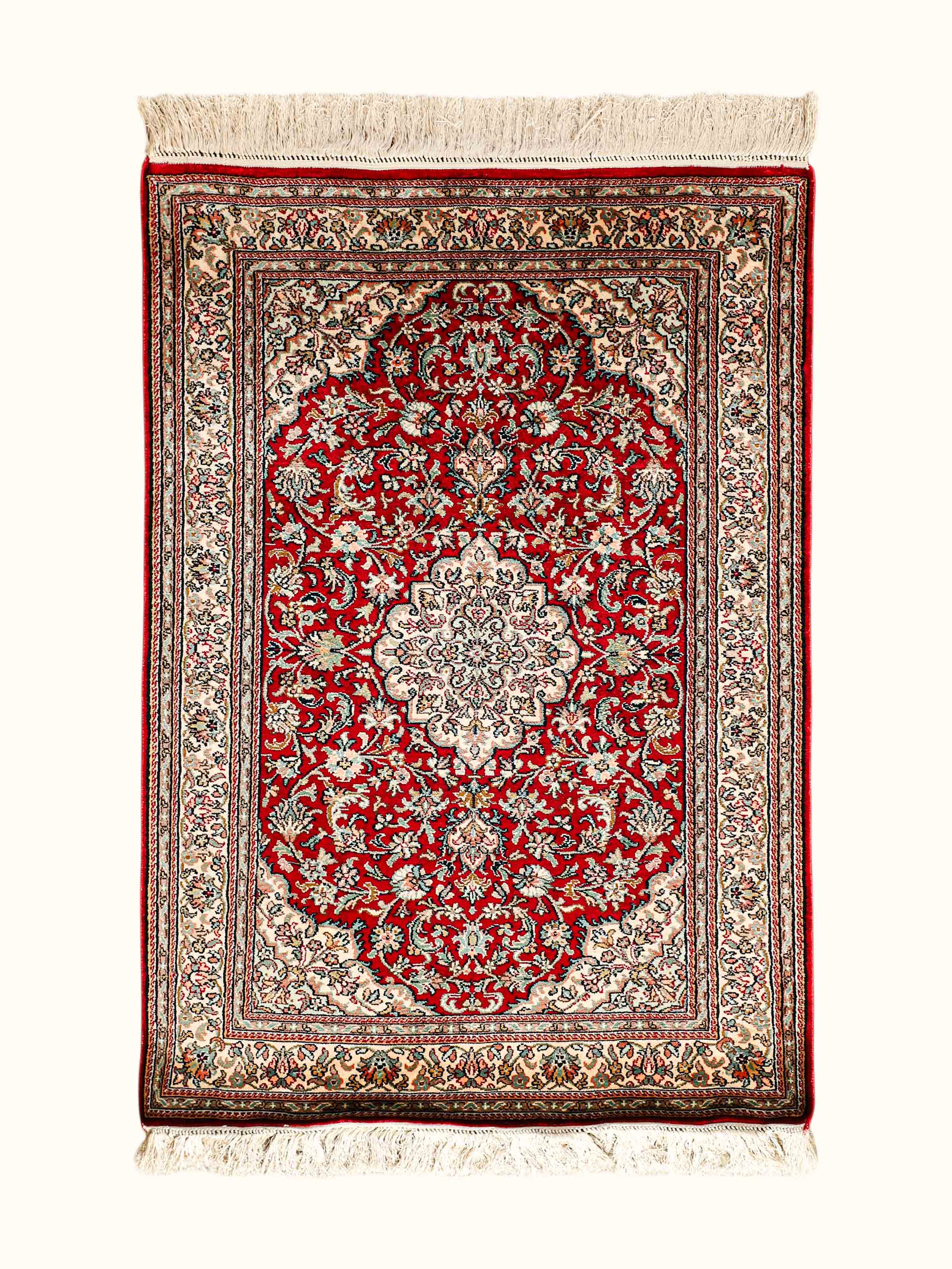 Traditional Persian Red Ivory Kashan Kashmir Silk Hand-Knotted Carpet