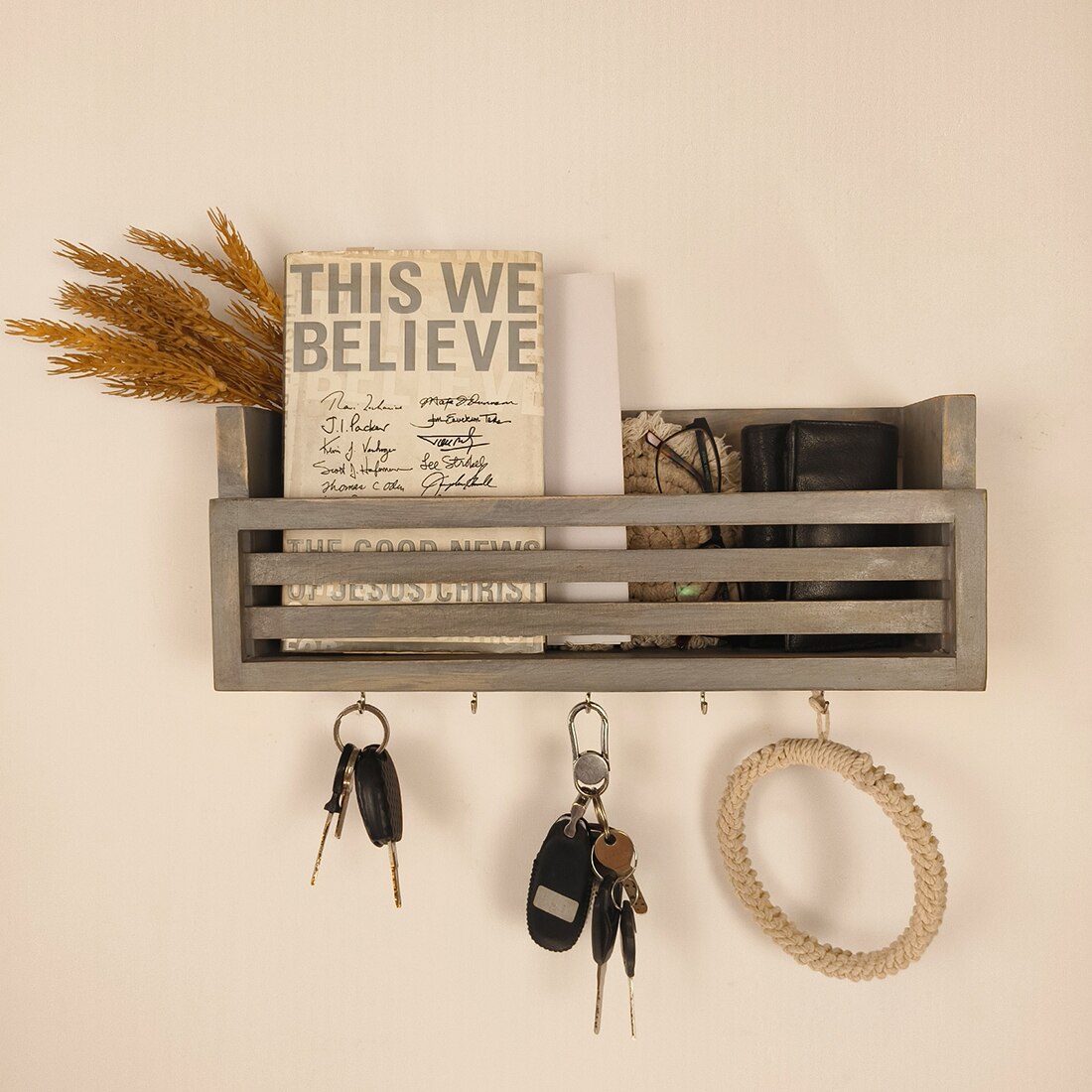 Claude Wooden Wall Shelf Organiser With Key Holders
