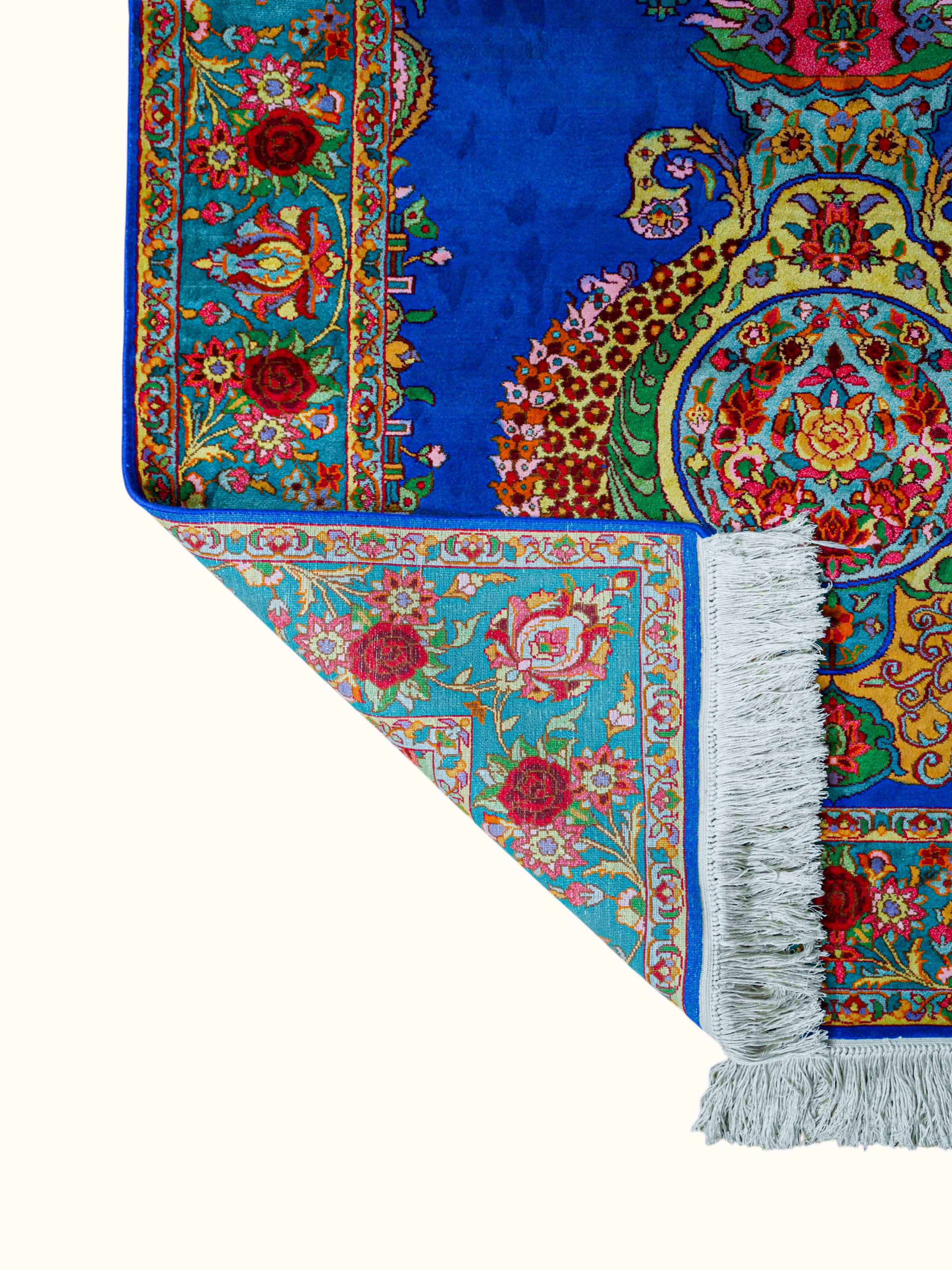 Traditional Persian Blue Guldani Kashmir Silk Hand-Knotted Carpet