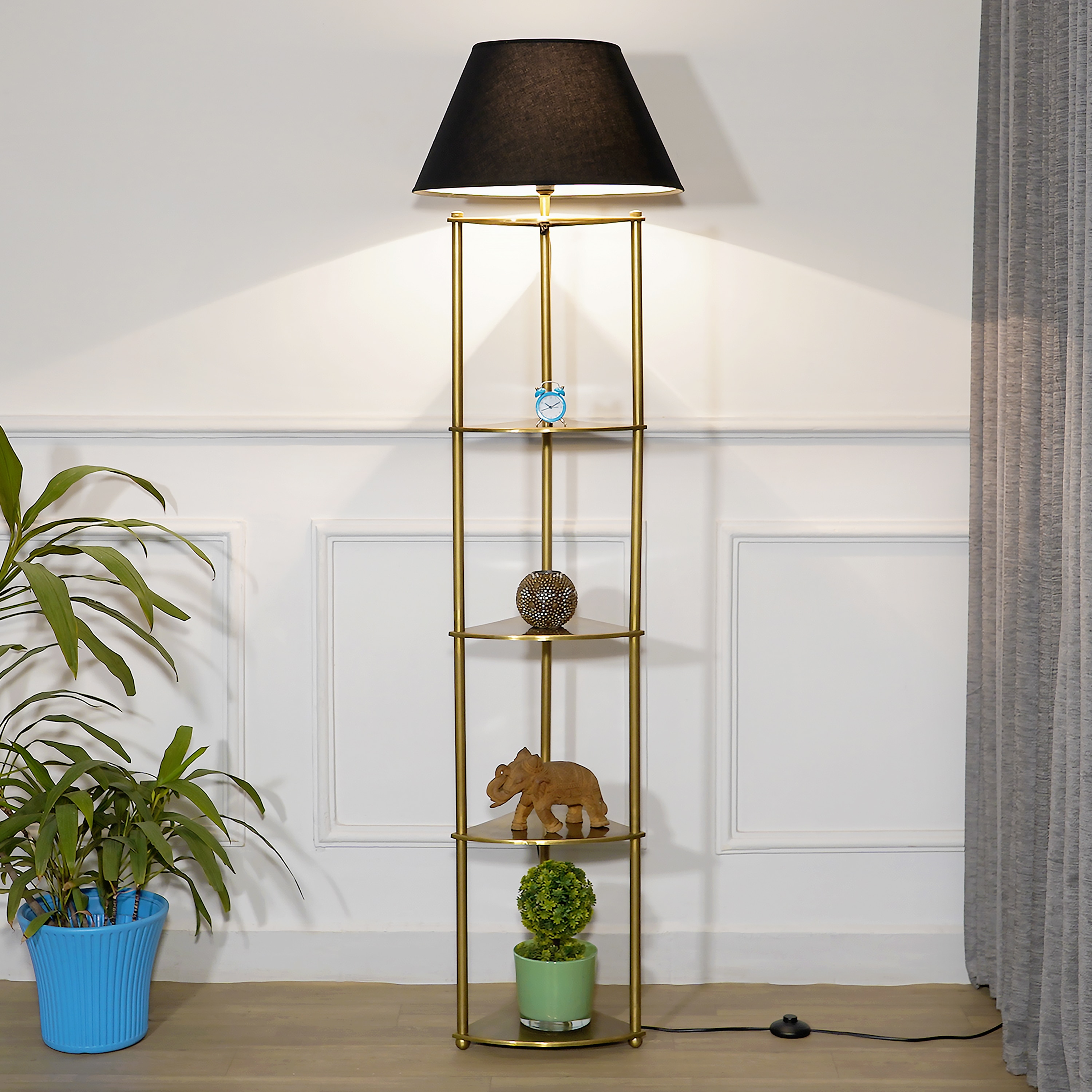 Devan Metal Multiutility Shelf Floor Lamp With Black Cotton Shade