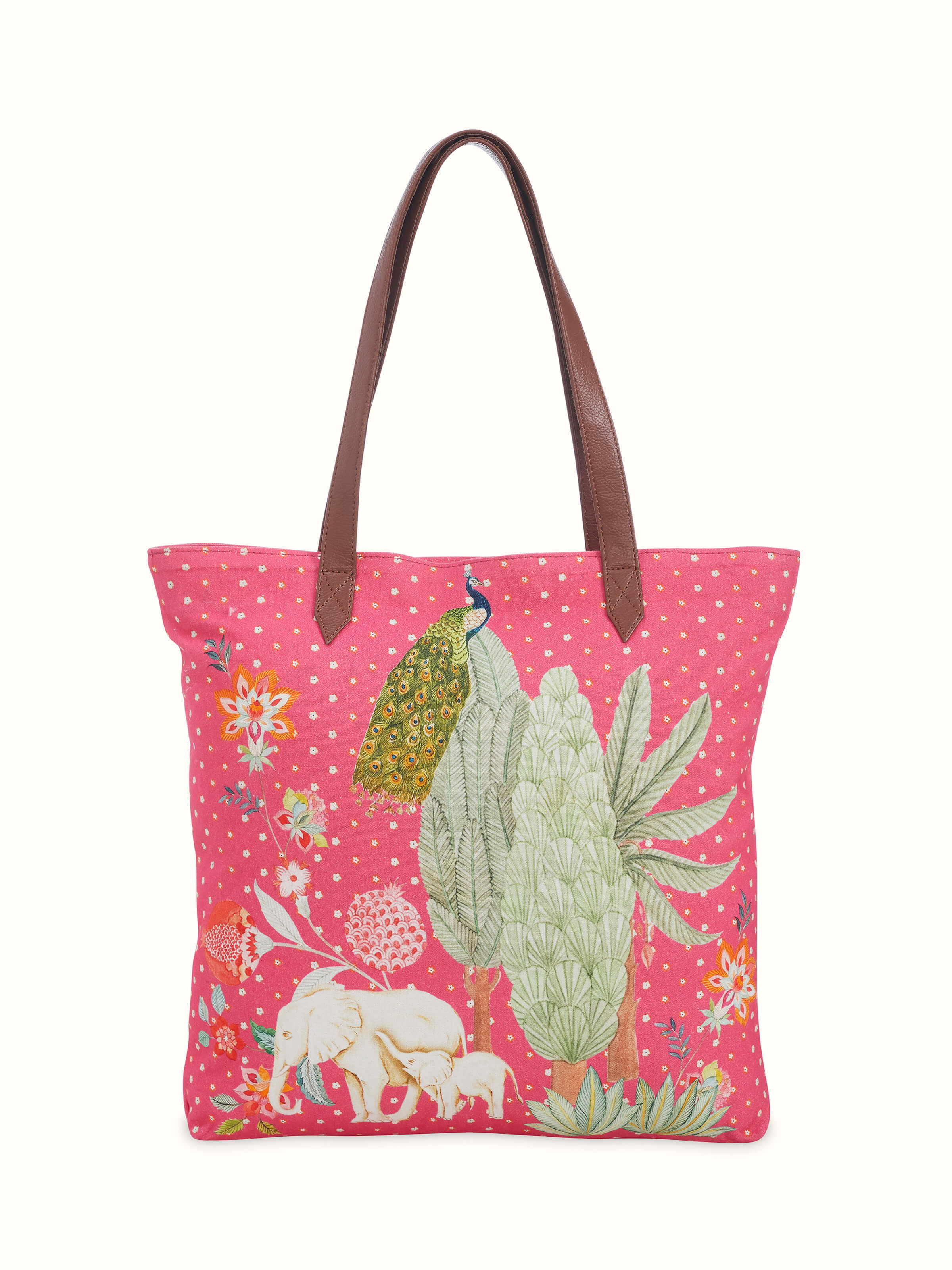 Front view of tote bag printed with design inspired by miniature artwork