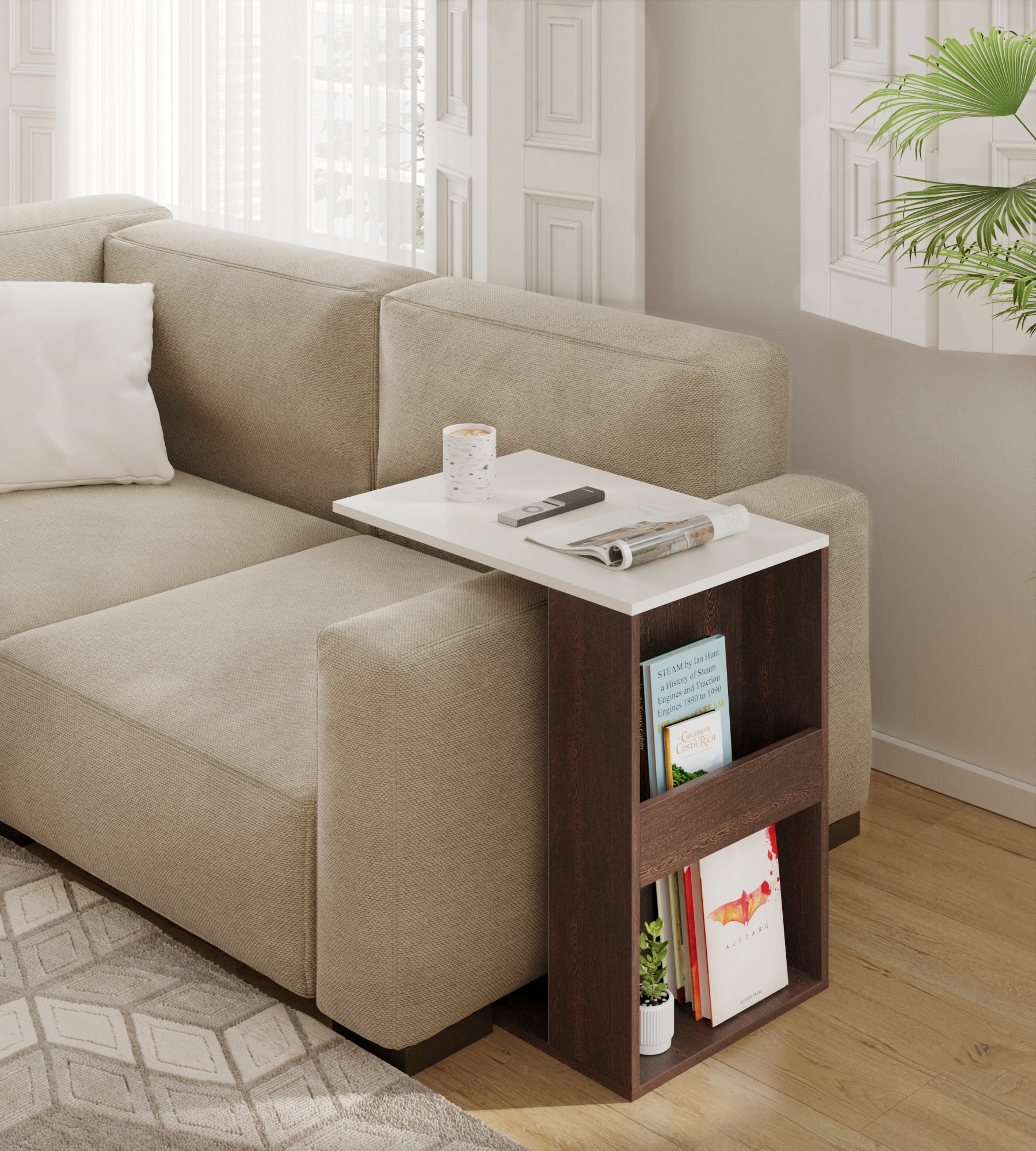 BLUEWUD Ender Multipurpose Sofa Side Table, End Table, Side Table, Laptop Tabe for Sofa with Side Magazine Holder & Paper Organizer for Living Room Home Hall Furniture (Wenge & White)