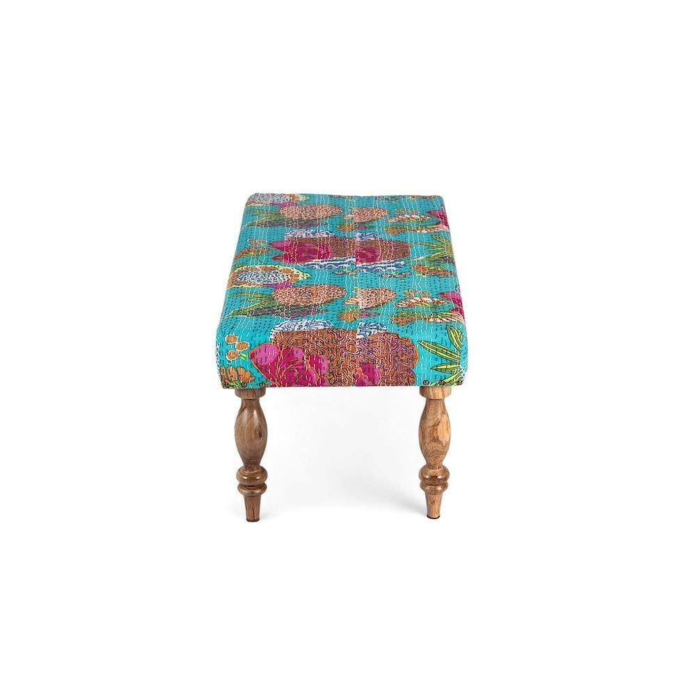 Bestone Solid Wood Bench In Floral Print Green Kantha Fabric