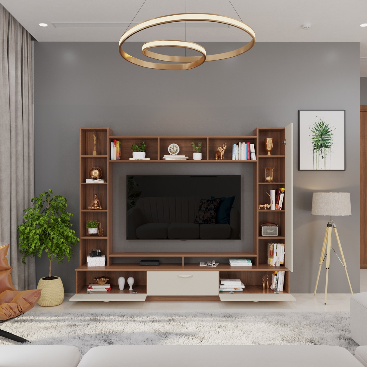 BLUEWUD Fenily Engineering Wood TV Entertainment Unit Set Top Box Stand/TV Cabinet Panel with Shelves for Books & D�cor Display Unit Bed Living Room 60 Inches (Walnut & White)