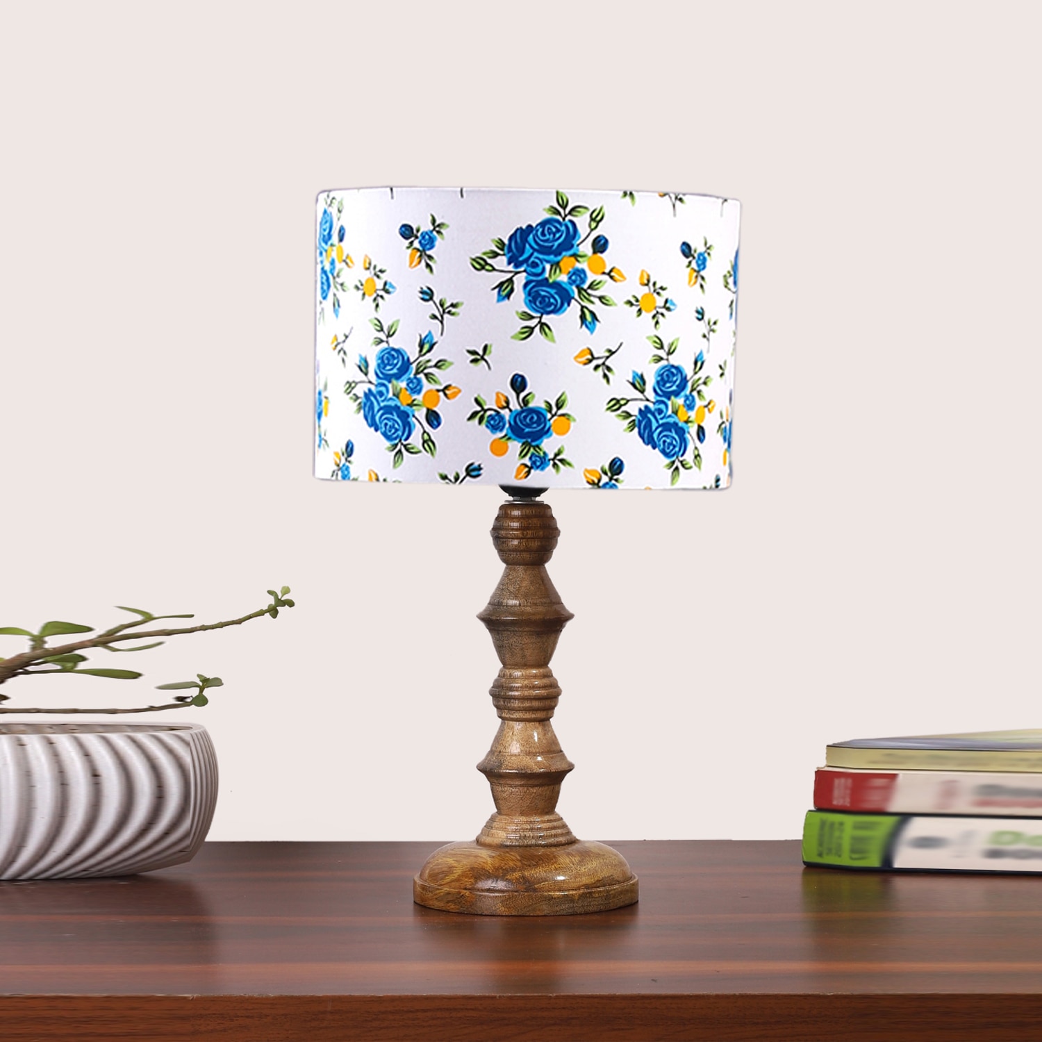 Devansh Multicolor Cotton Table Lamp With  Wood Natural Base (7X7X15.5 Inches)-15 - Devansh
