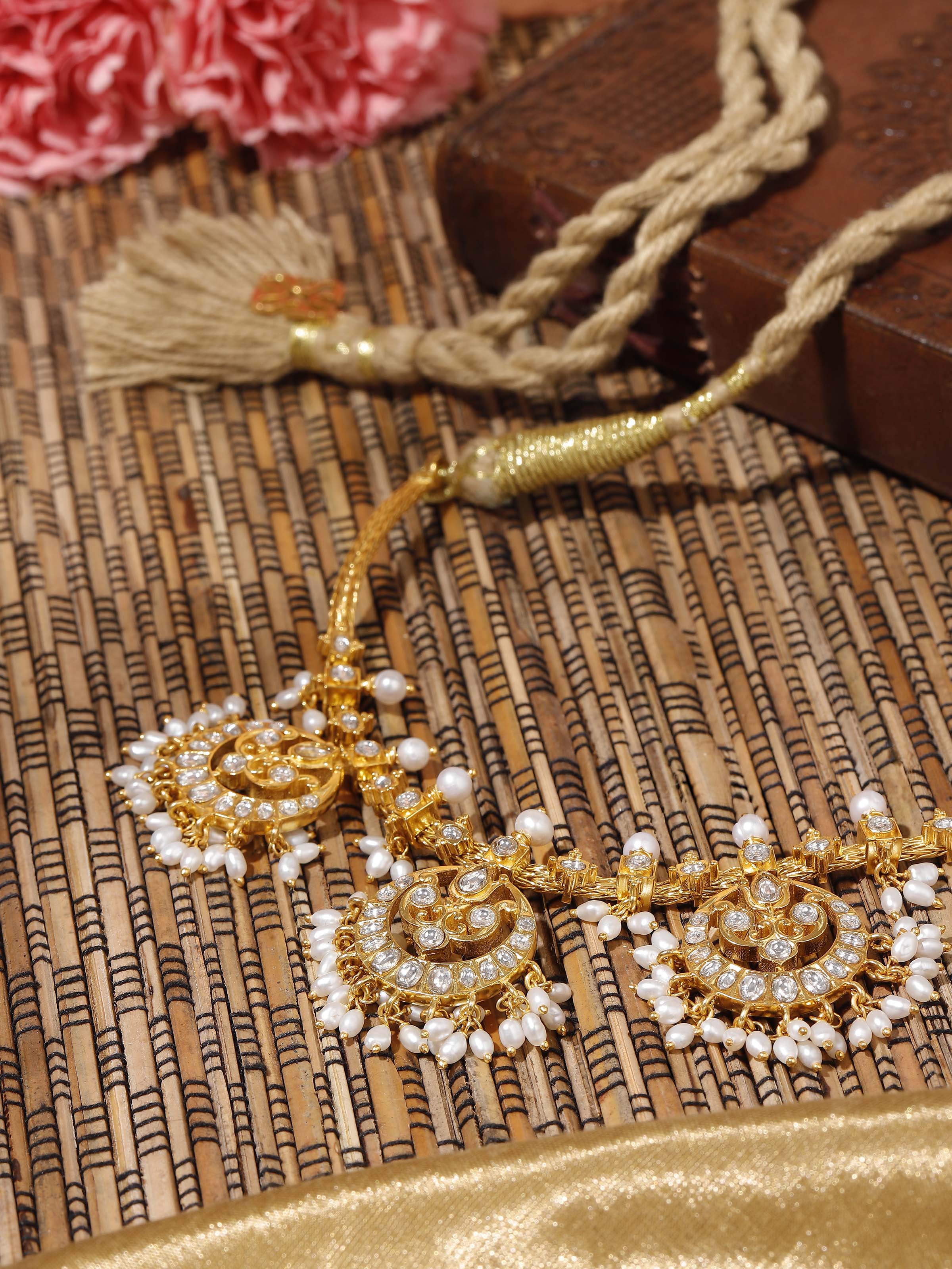 Alternate lifestyle view of Guttapusalu Silver Choker styled for wedding look.