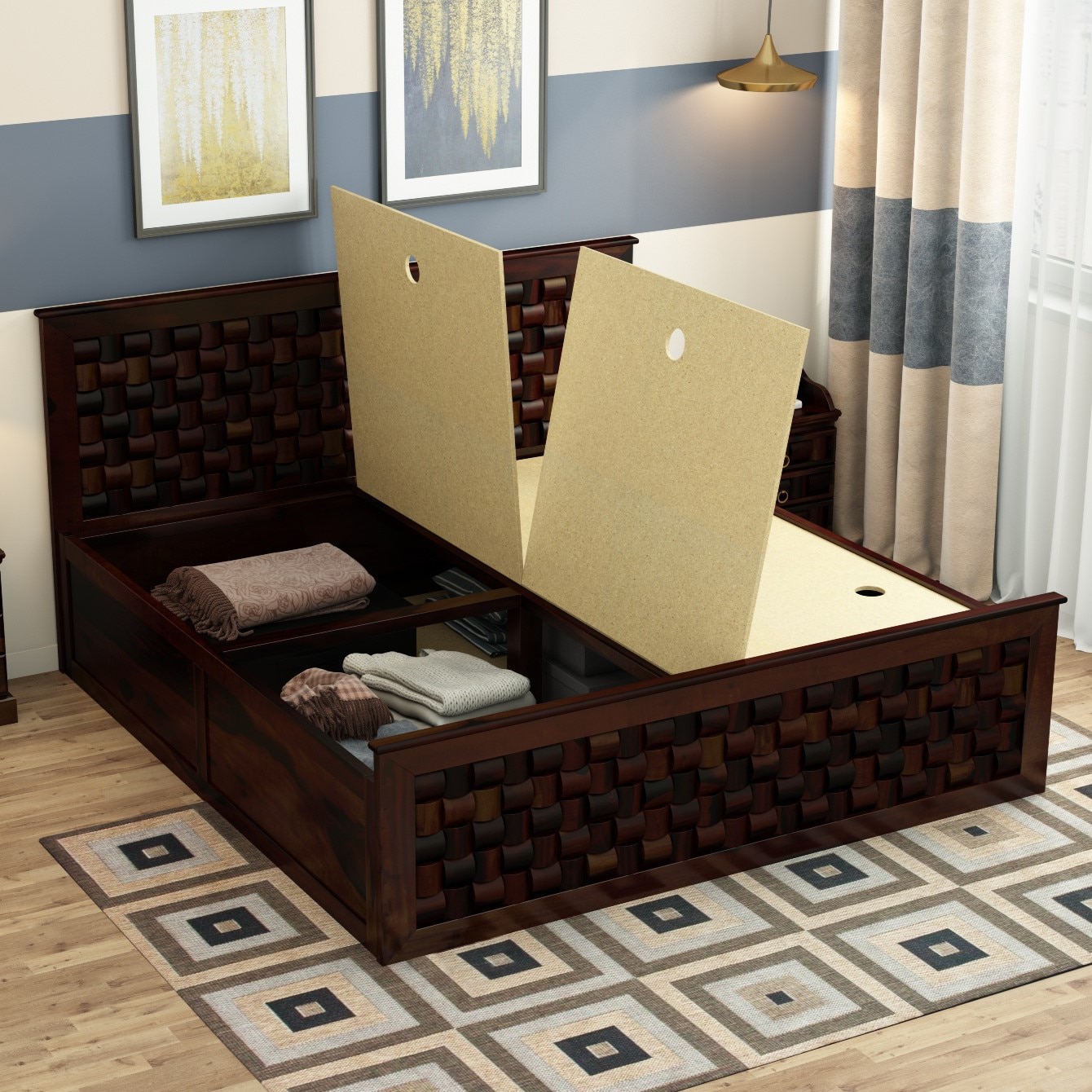 Moglis Solid Wood King  Size Bed With Box Storage Bed Walnut In Finish