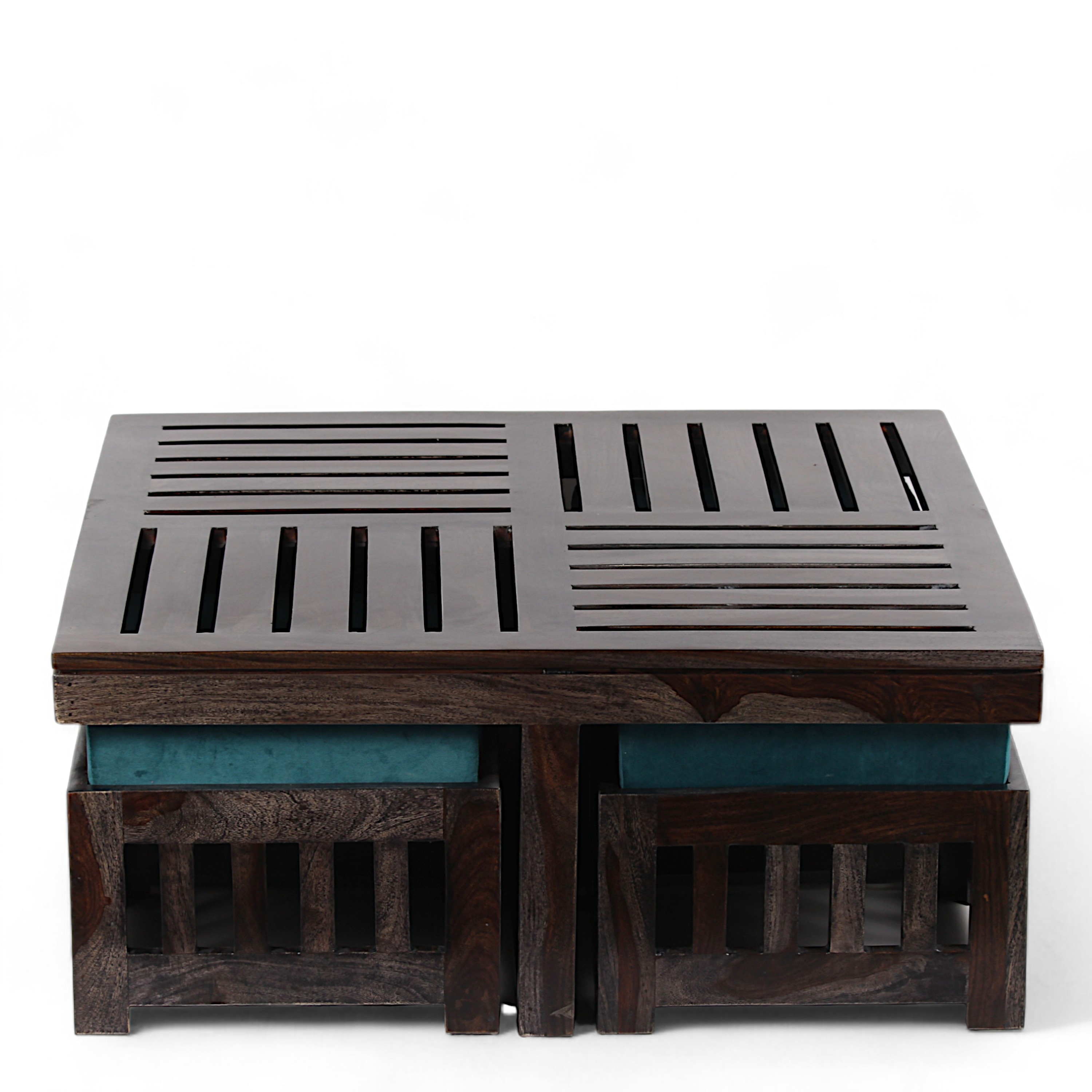 Palladio Sheesham Wood Coffee Table With 4 Stools Set In Mahogany Finish & Turquoise Sea Velvet Fabric Cushions