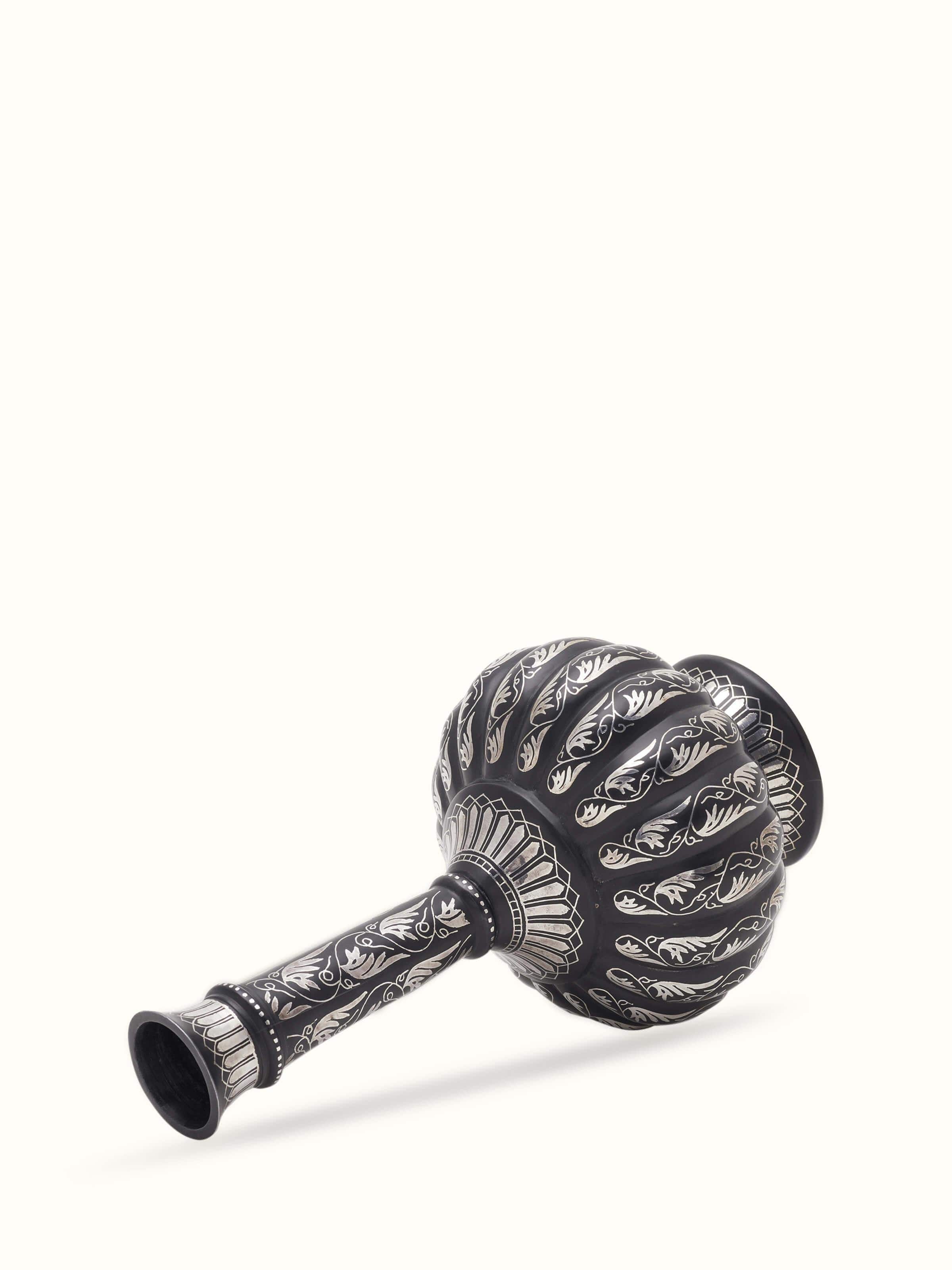 Angle view of Bidri Zinc & Silver Small Vase by Swadesh emphasizing the detailed Bidri design and unique metallic shine.